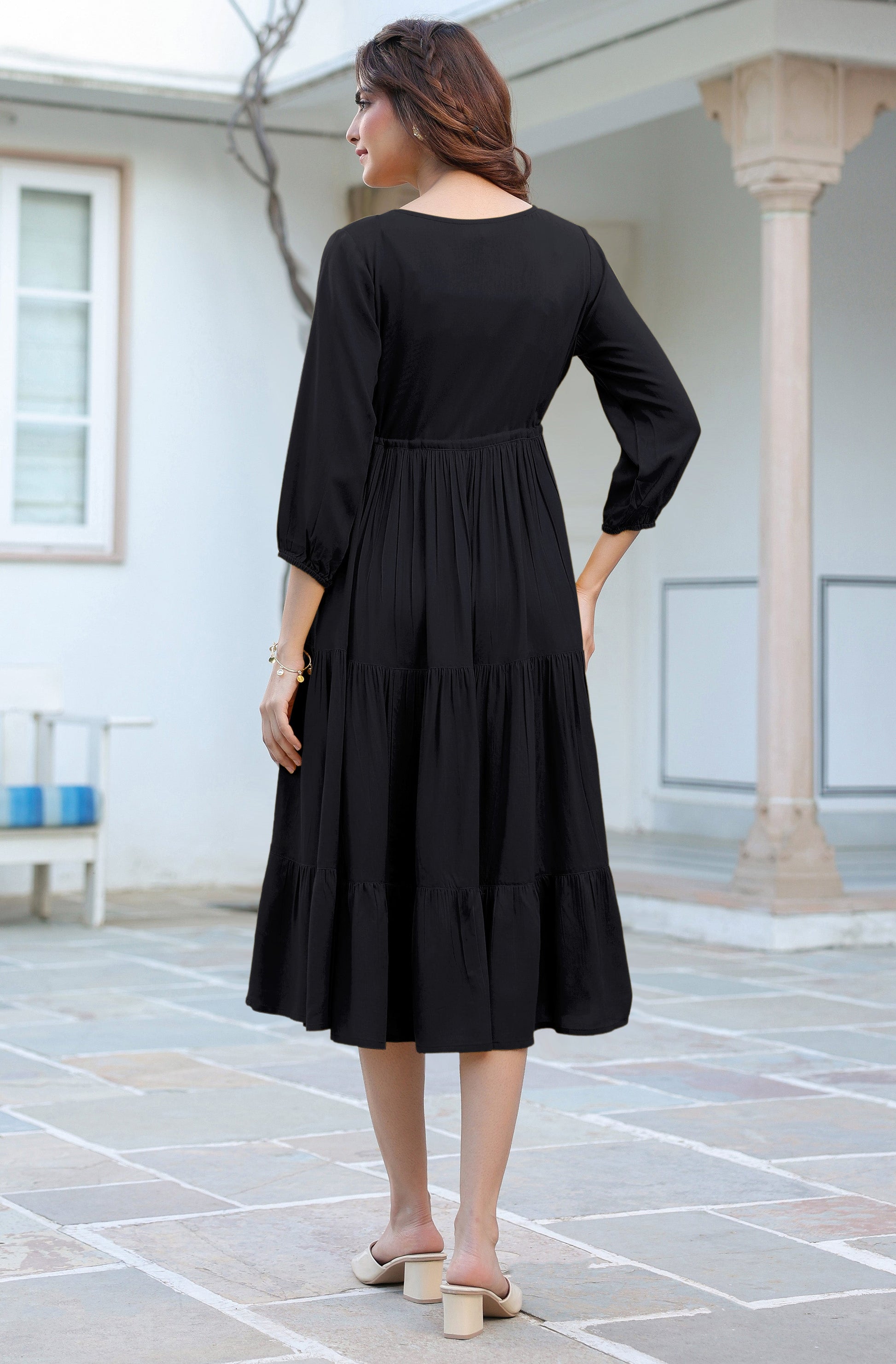 Janasya Dark Rayon Solid Tiered Dress | Swadesiicart