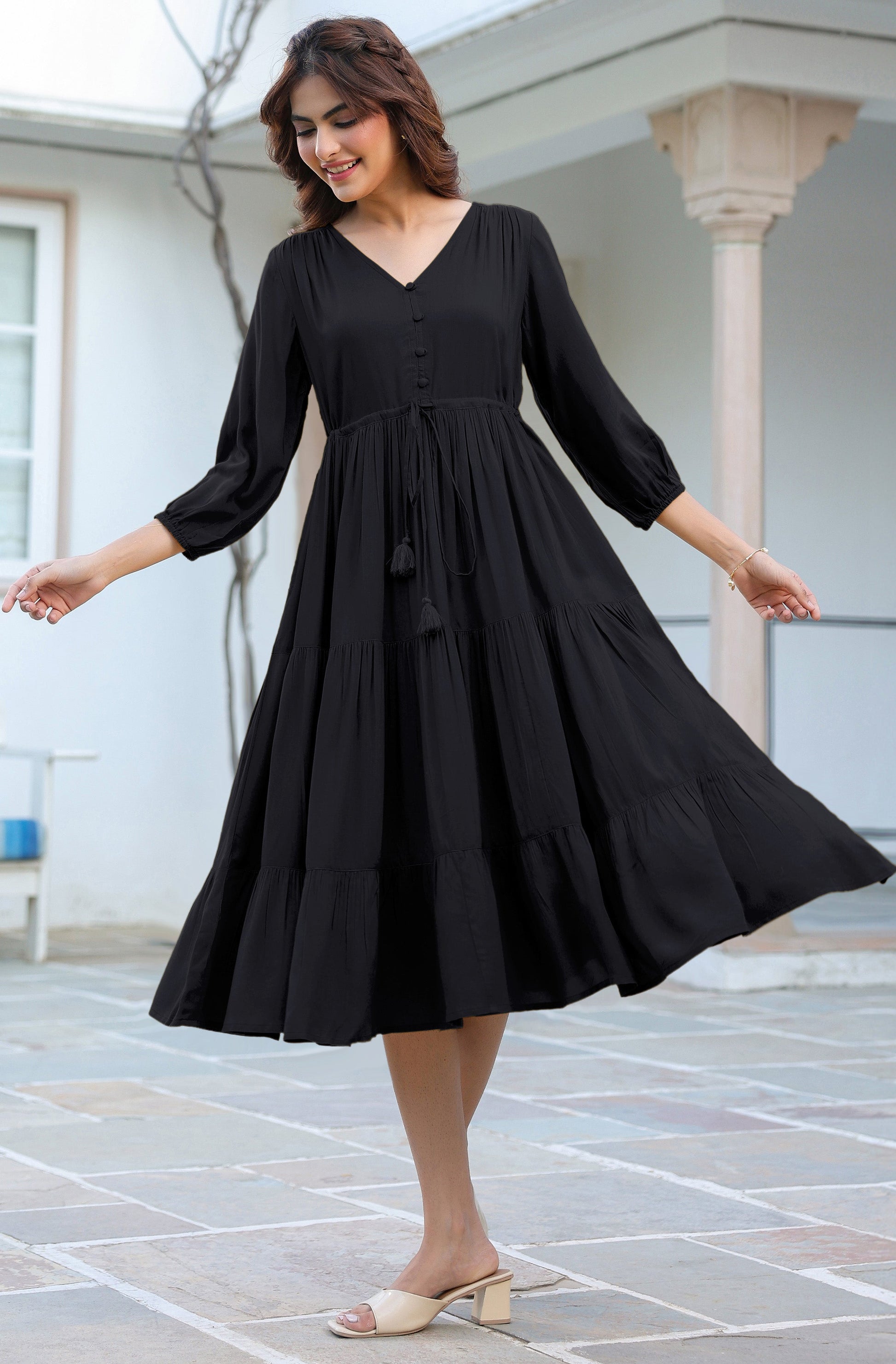 Janasya Dark Rayon Solid Tiered Dress | Swadesiicart