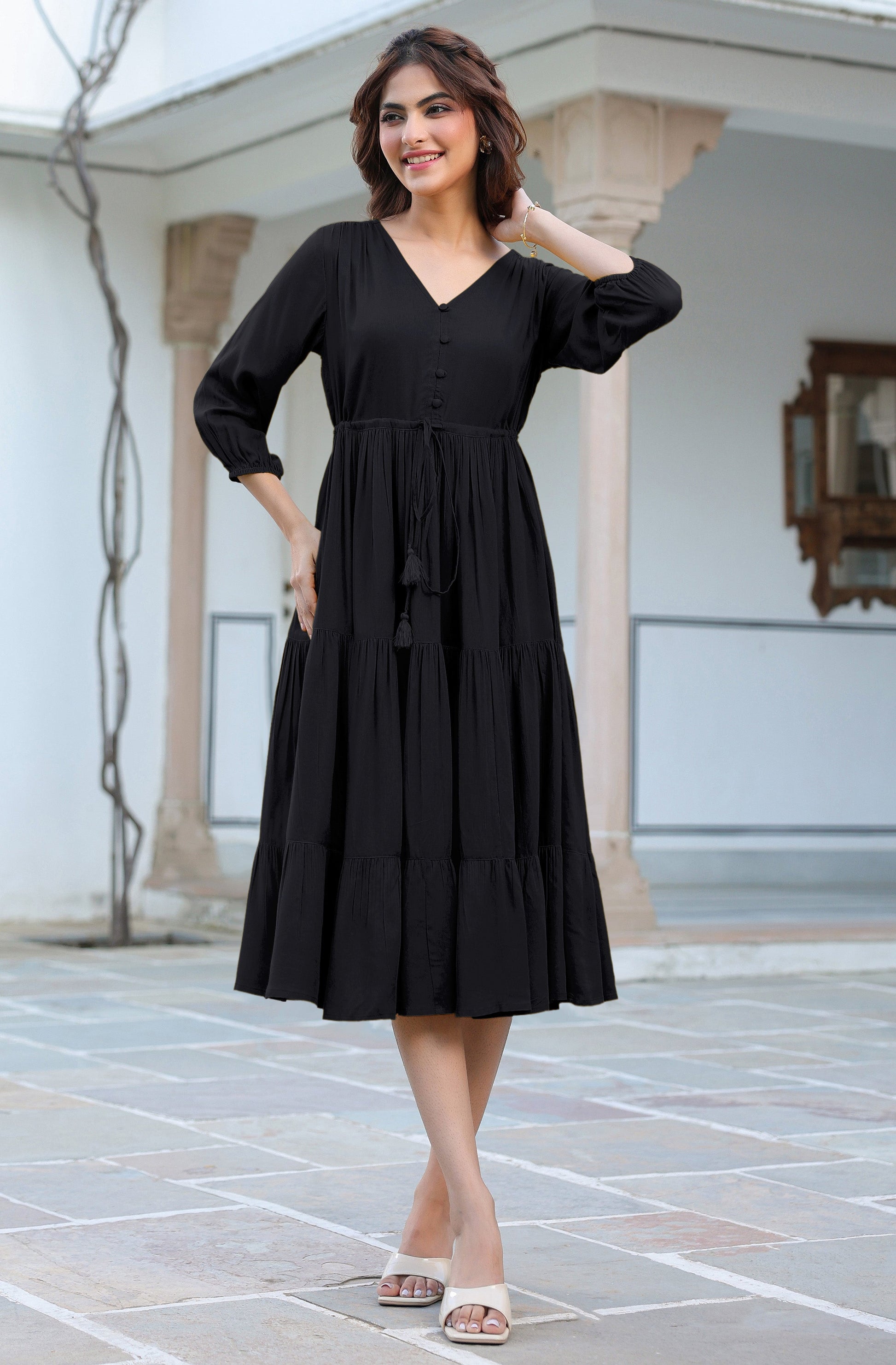 Janasya Dark Rayon Solid Tiered Dress | Swadesiicart