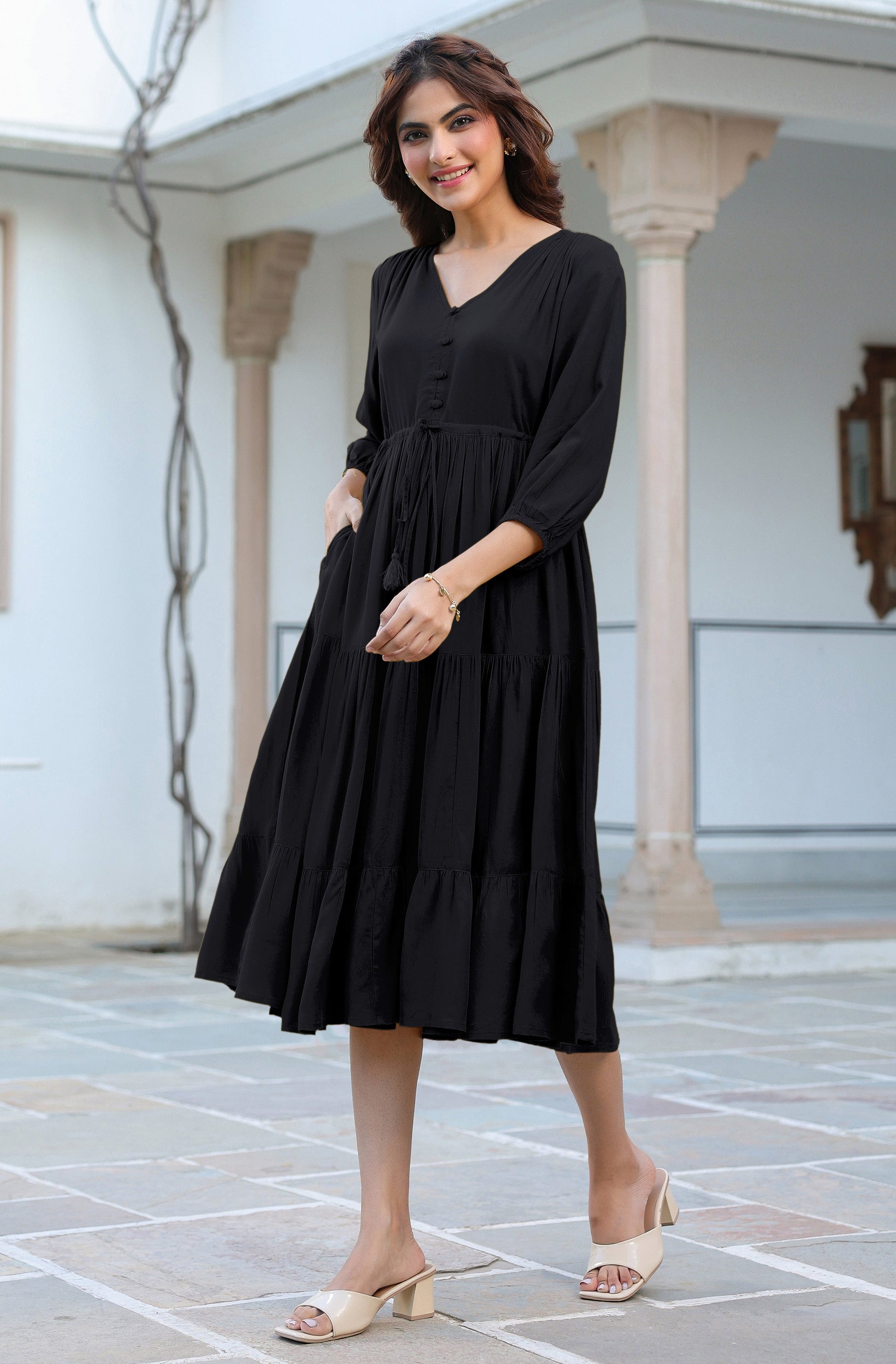 Janasya Dark Rayon Solid Tiered Dress | Swadesiicart