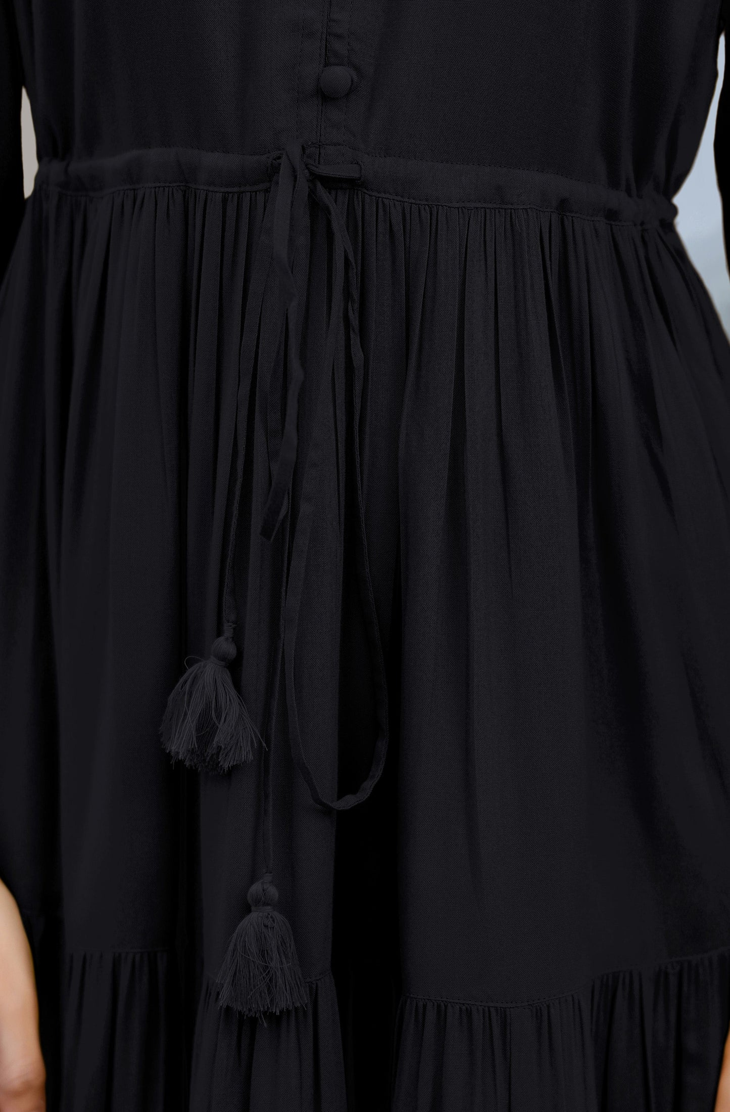 Janasya Dark Rayon Solid Tiered Dress | Swadesiicart