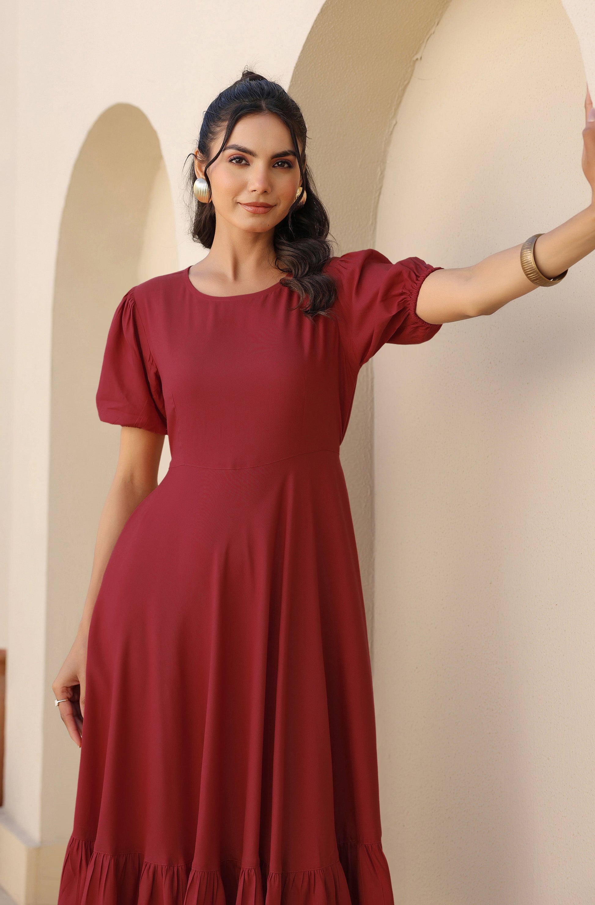 Janasya Dark Rayon Solid A-Line Dress | Swadesiicart