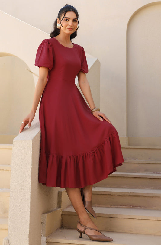 Janasya Dark Rayon Solid A-Line Dress | Swadesiicart