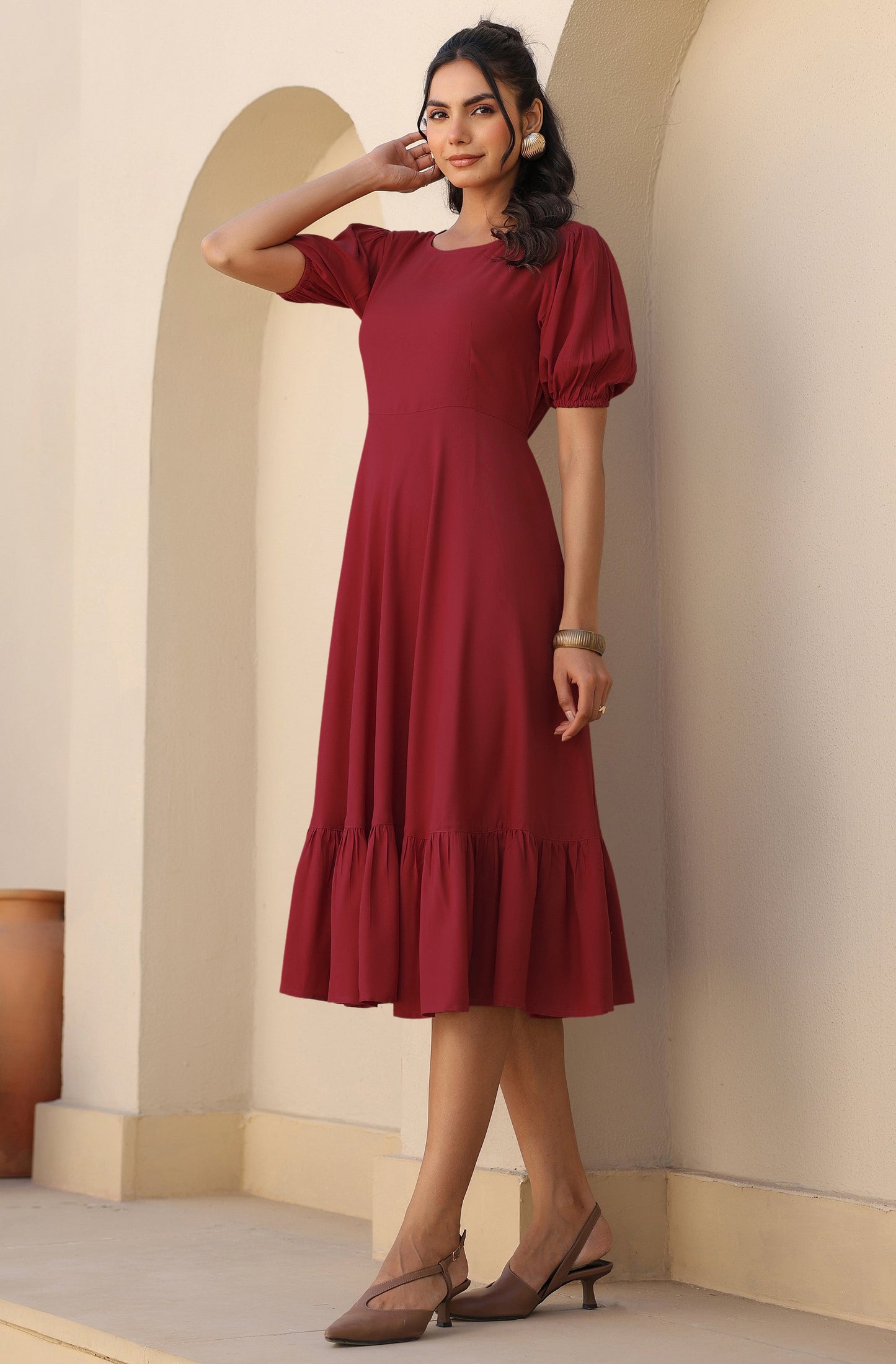 Janasya Dark Rayon Solid A-Line Dress | Swadesiicart