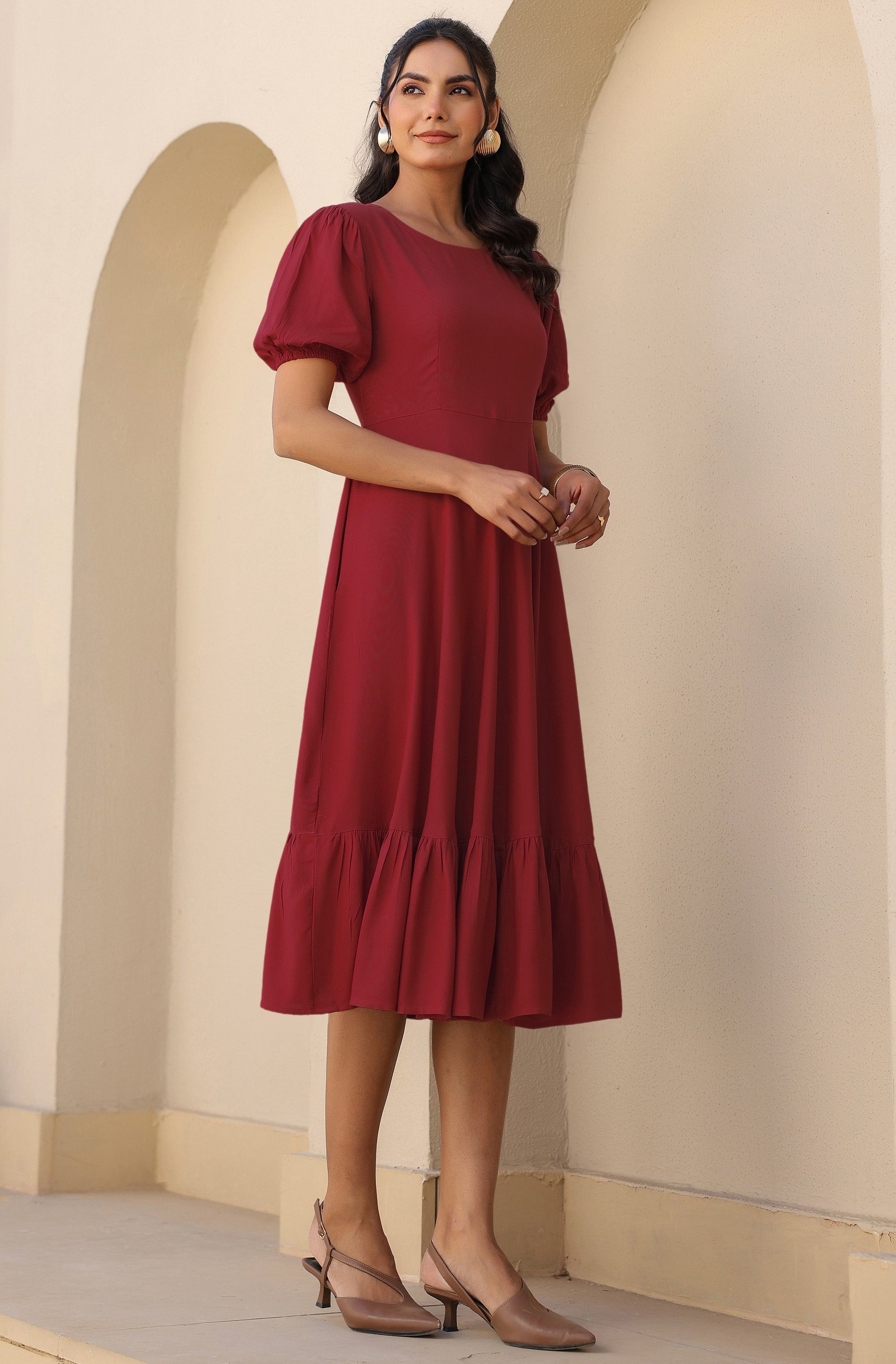 Janasya Dark Rayon Solid A-Line Dress | Swadesiicart