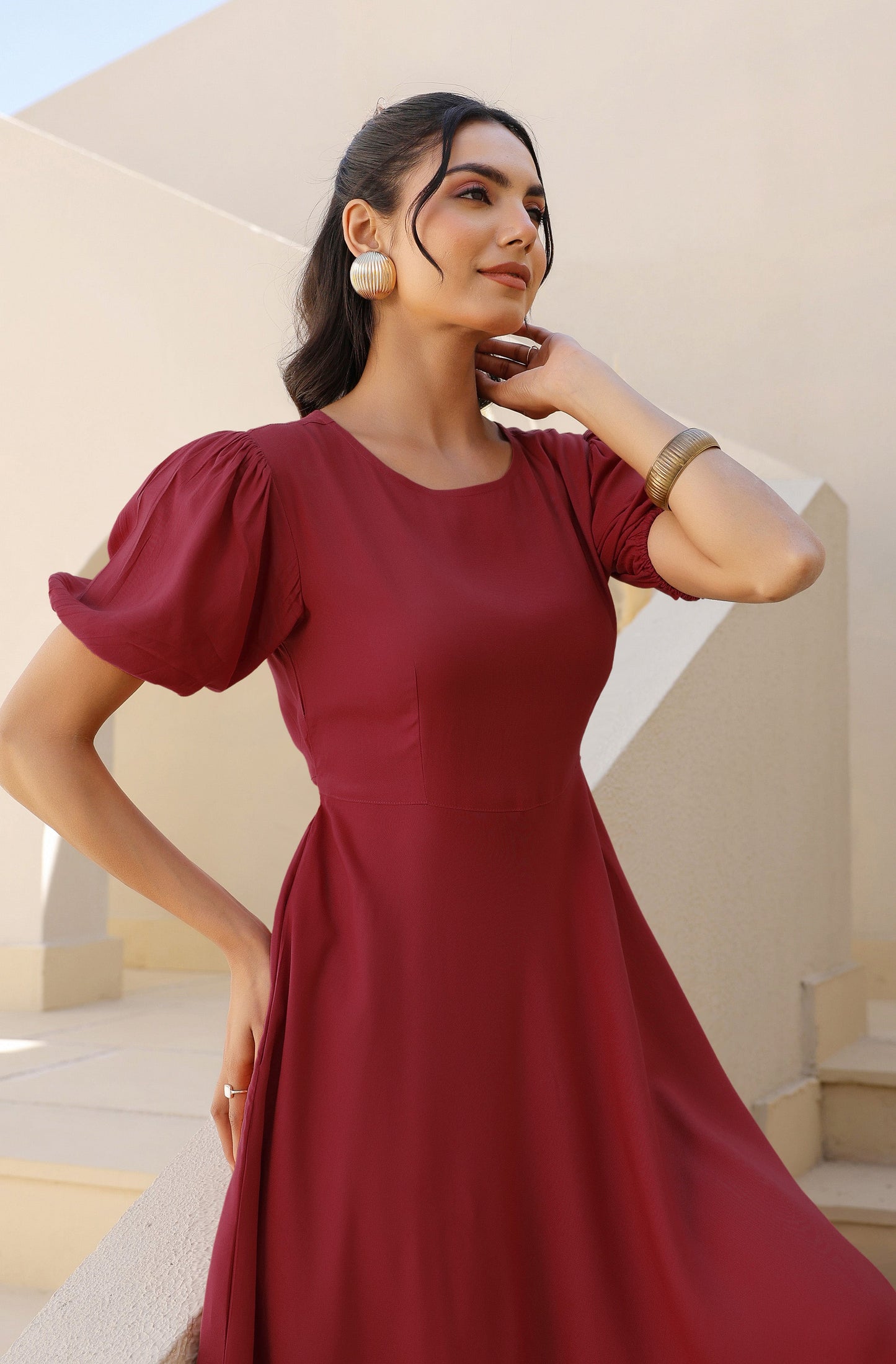 Janasya Dark Rayon Solid A-Line Dress | Swadesiicart