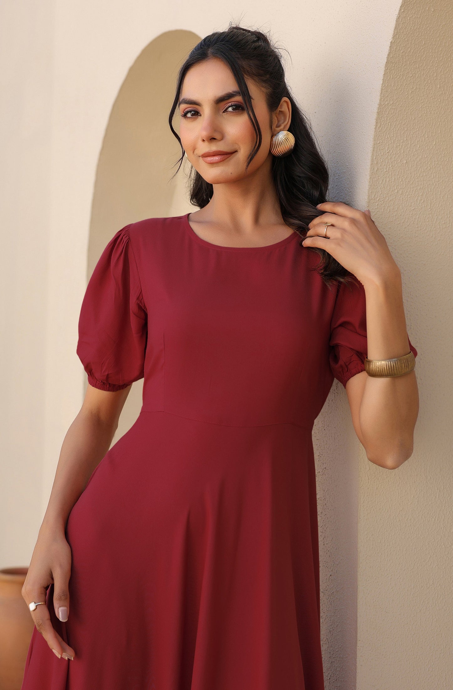 Janasya Dark Rayon Solid A-Line Dress | Swadesiicart