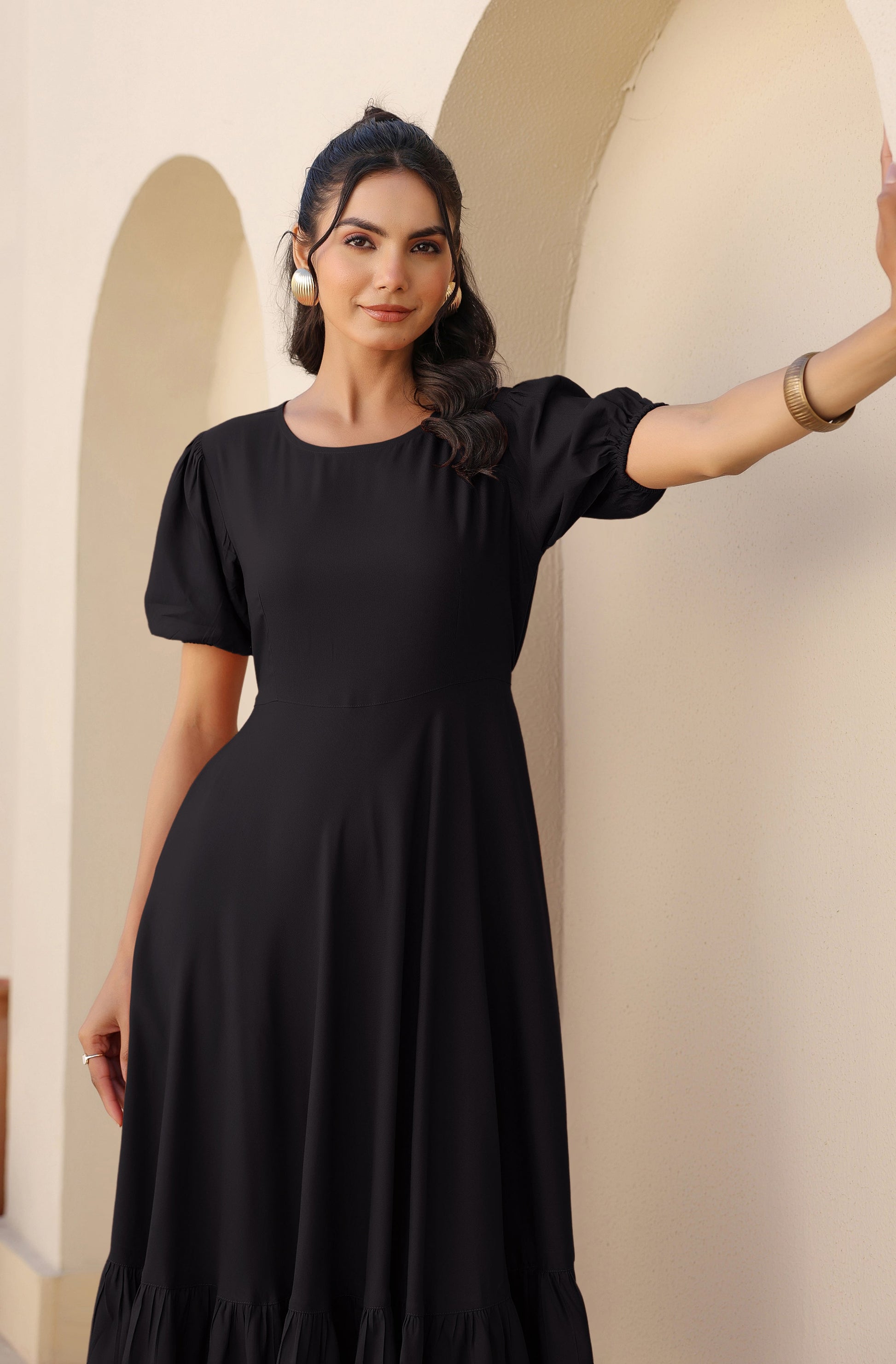 Janasya Dark Rayon Solid A-Line Dress | Swadesiicart