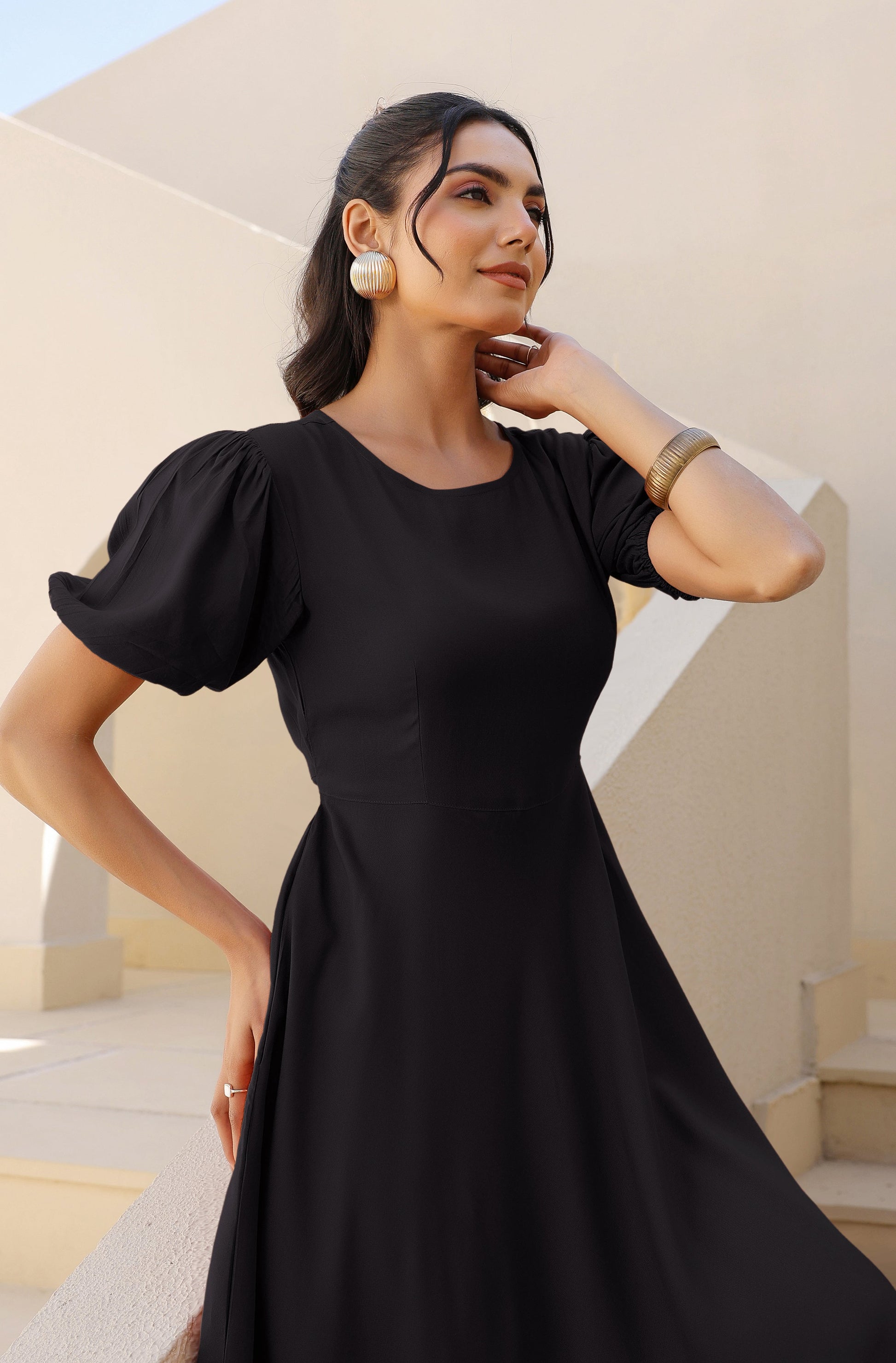 Janasya Dark Rayon Solid A-Line Dress | Swadesiicart
