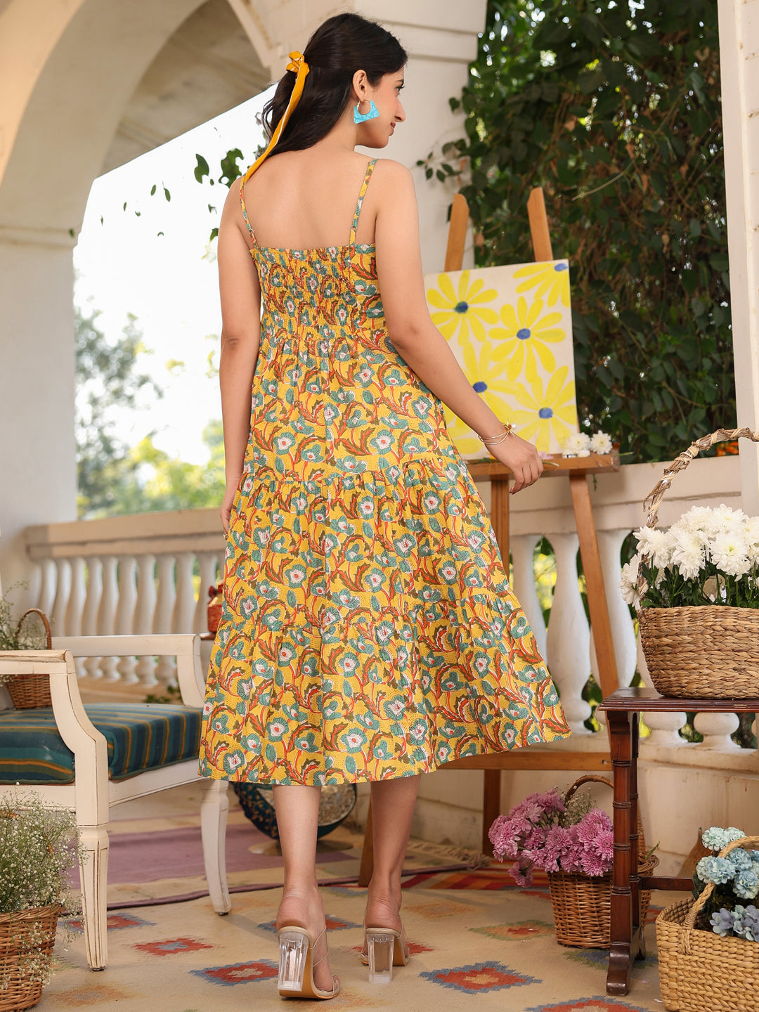 Janasya Bright Cotton Floral Tiered Dress | Swadesiicart