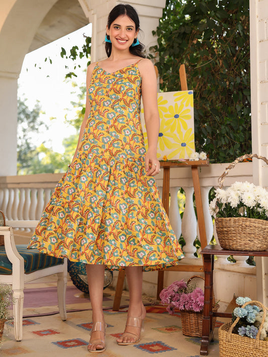Janasya Bright Cotton Floral Tiered Dress | Swadesiicart