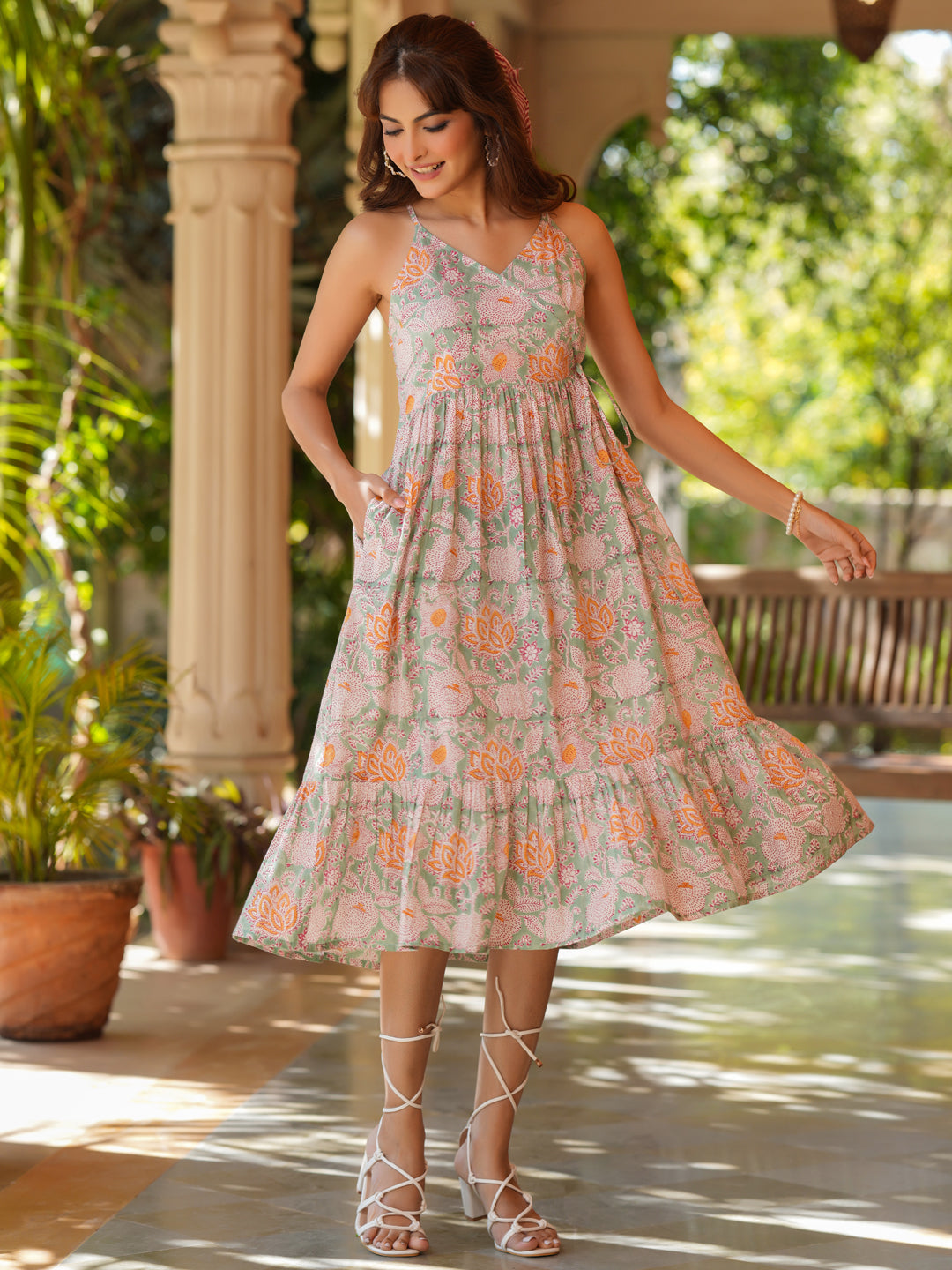 Janasya Light Cotton Floral Tiered Dress | Swadesiicart