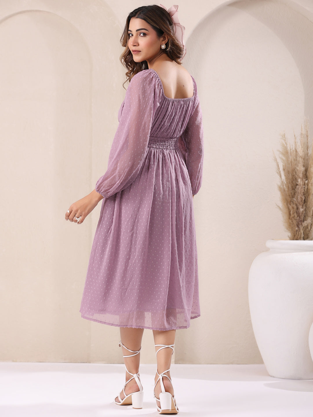 Janasya Light Dobby Chiffon Self Design Fit & Flare Dress | Swadesiicart