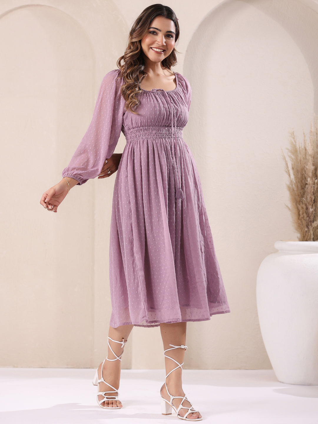 Janasya Light Dobby Chiffon Self Design Fit & Flare Dress | Swadesiicart
