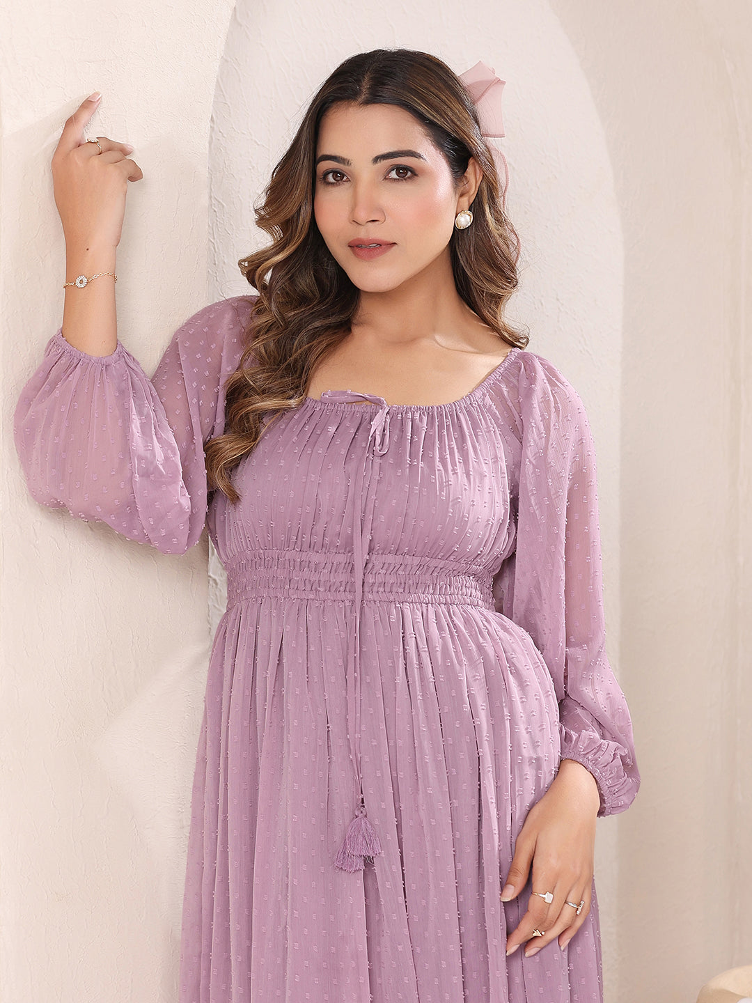 Janasya Light Dobby Chiffon Self Design Fit & Flare Dress | Swadesiicart