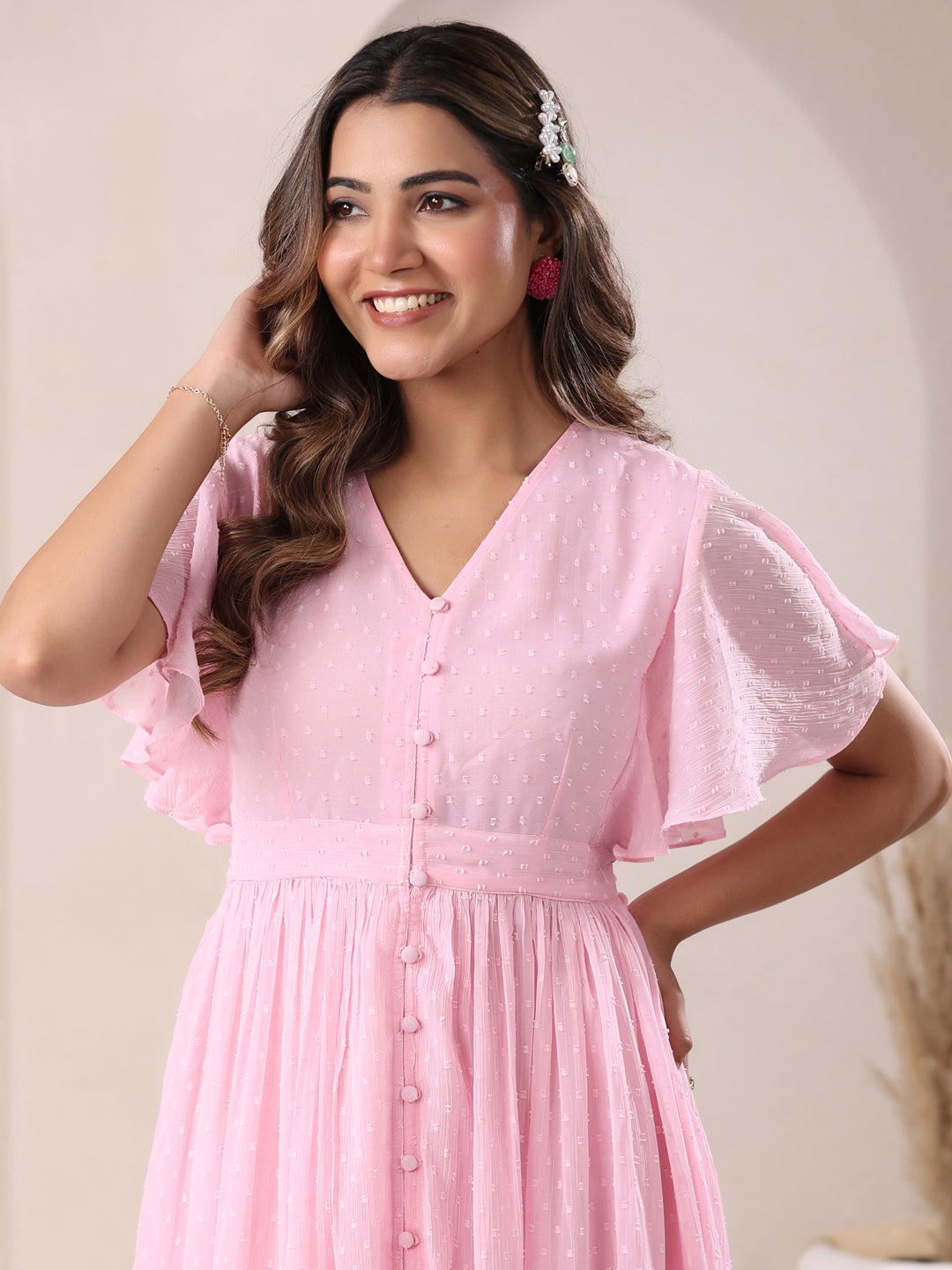 Janasya Light Dobby Chiffon Self Design A-Line Dress | Swadesiicart