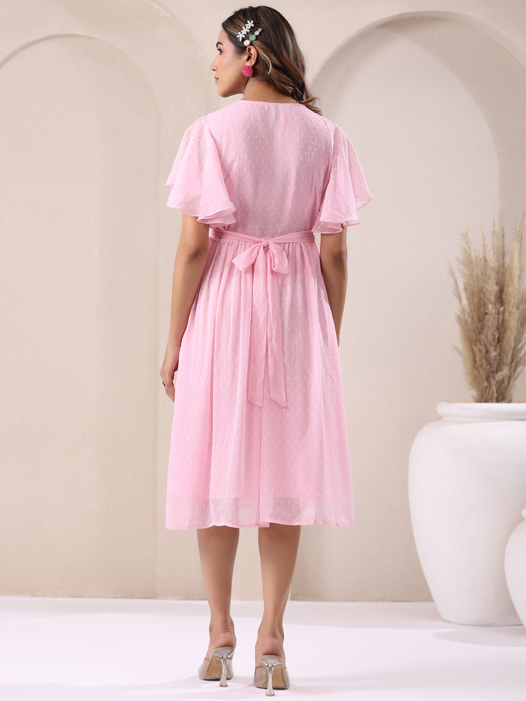 Janasya Light Dobby Chiffon Self Design A-Line Dress | Swadesiicart