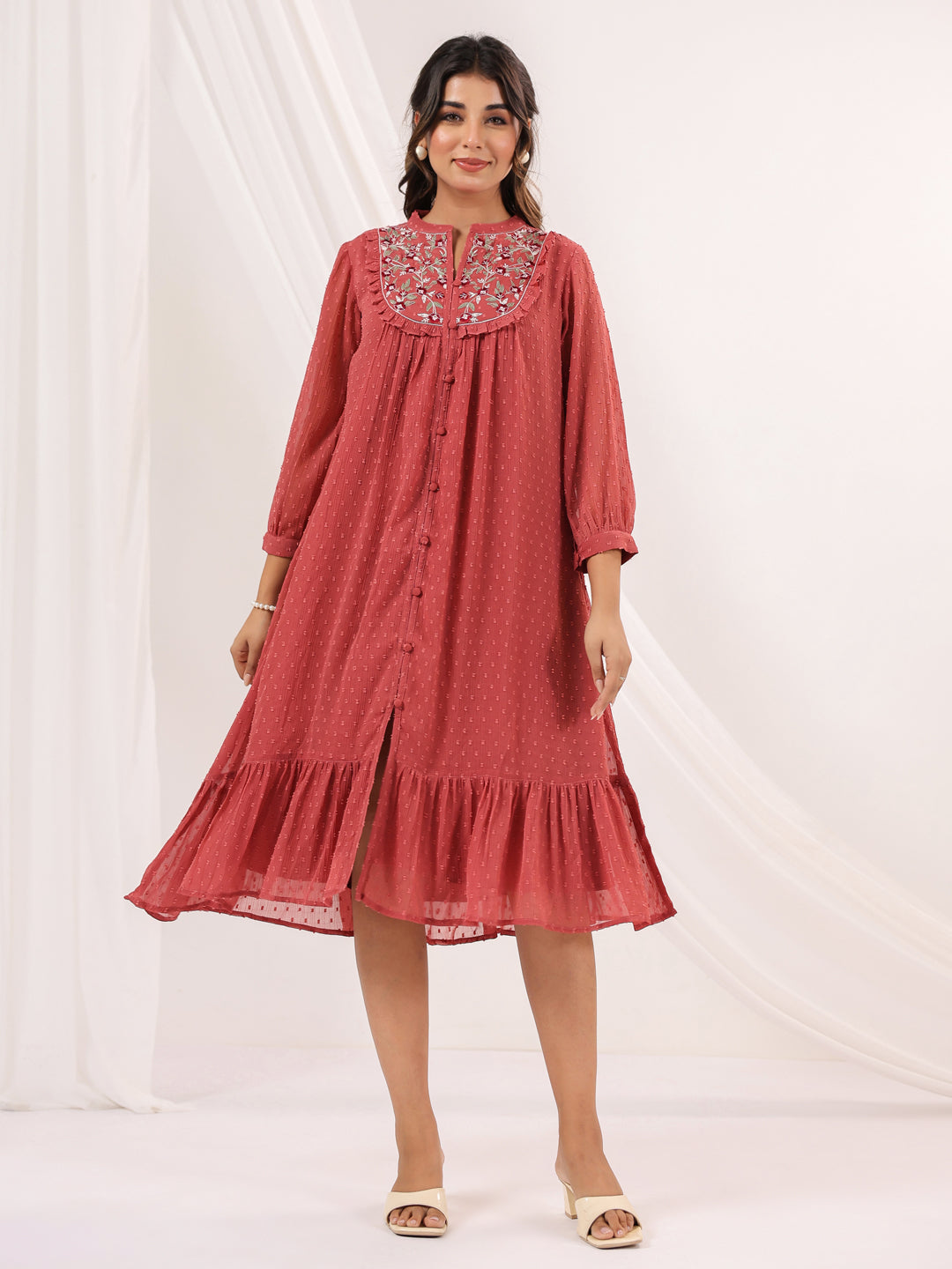Janasya Dark Dobby Chiffon Embroidered Tiered Dress | Swadesiicart