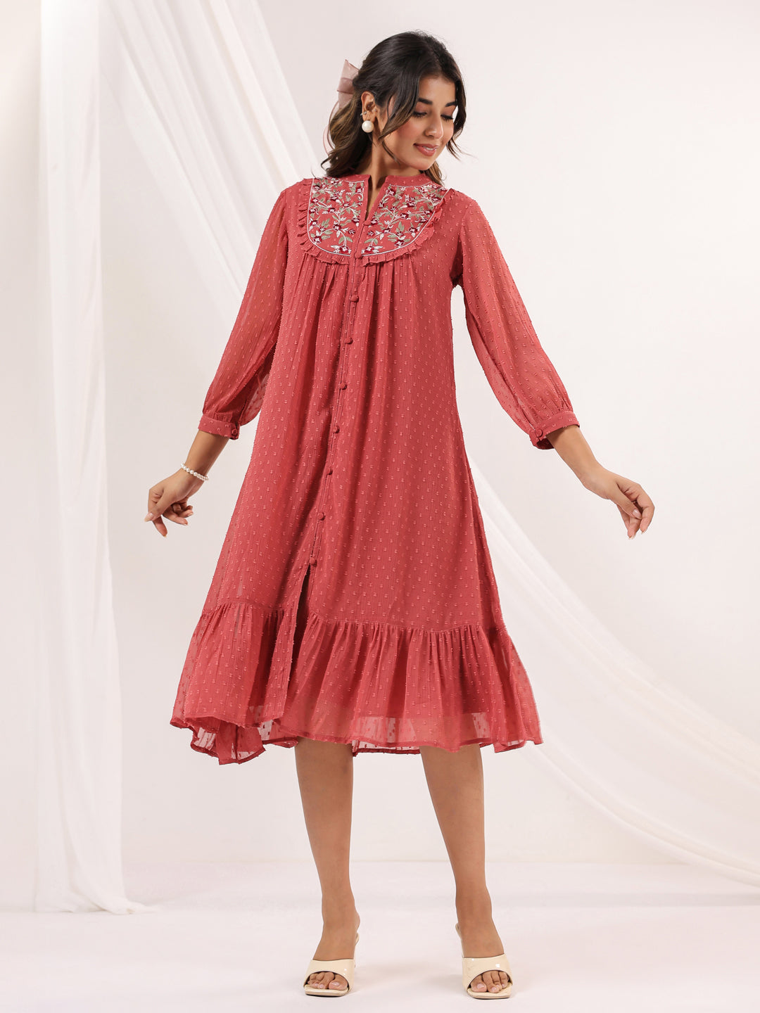 Janasya Dark Dobby Chiffon Embroidered Tiered Dress | Swadesiicart