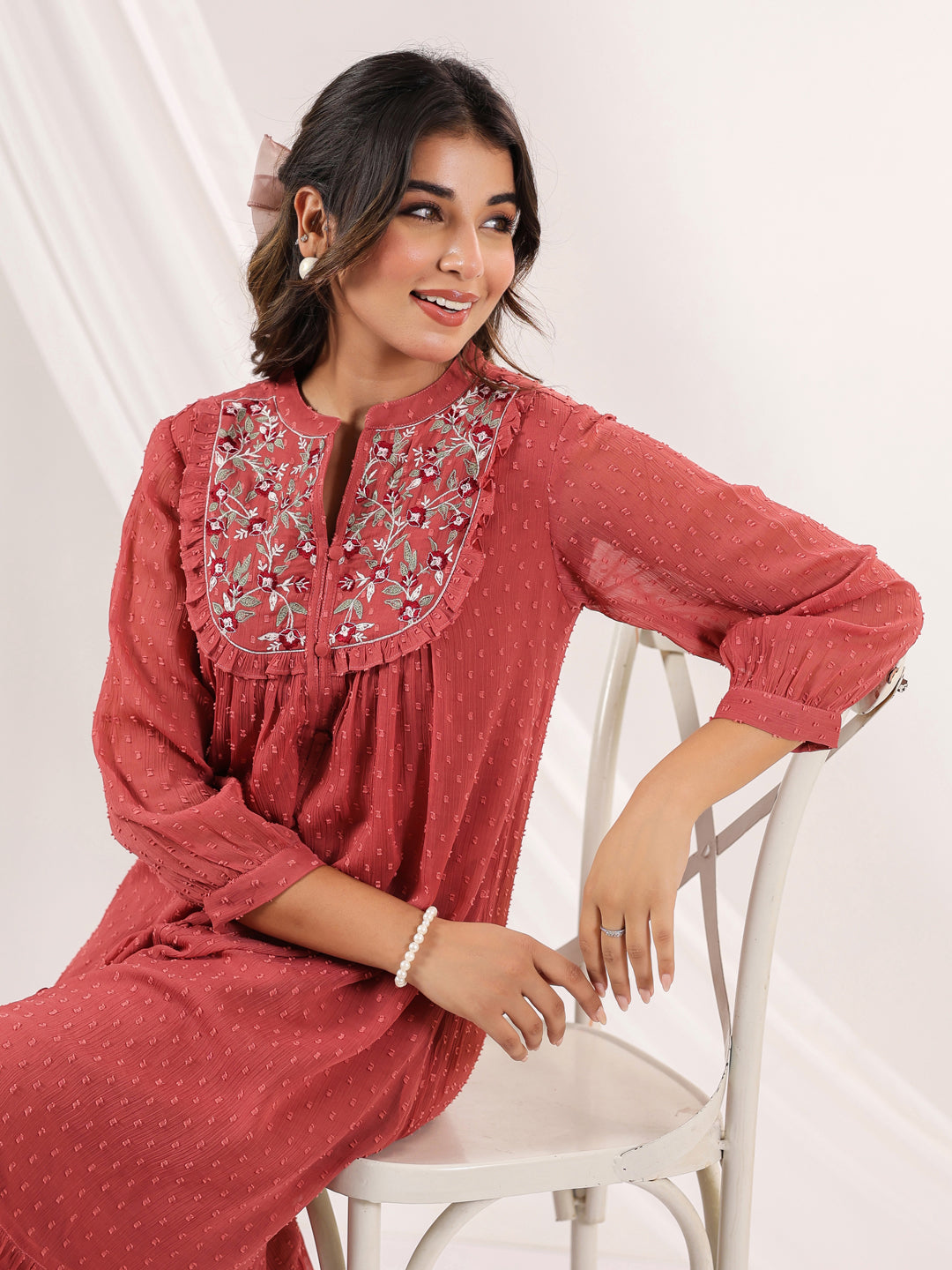 Janasya Dark Dobby Chiffon Embroidered Tiered Dress | Swadesiicart