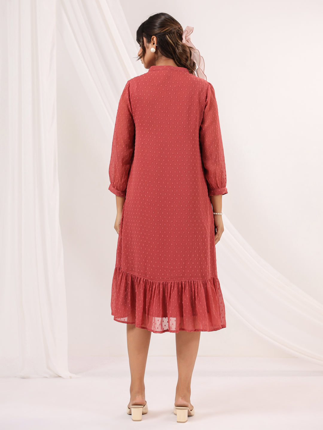 Janasya Dark Dobby Chiffon Embroidered Tiered Dress | Swadesiicart