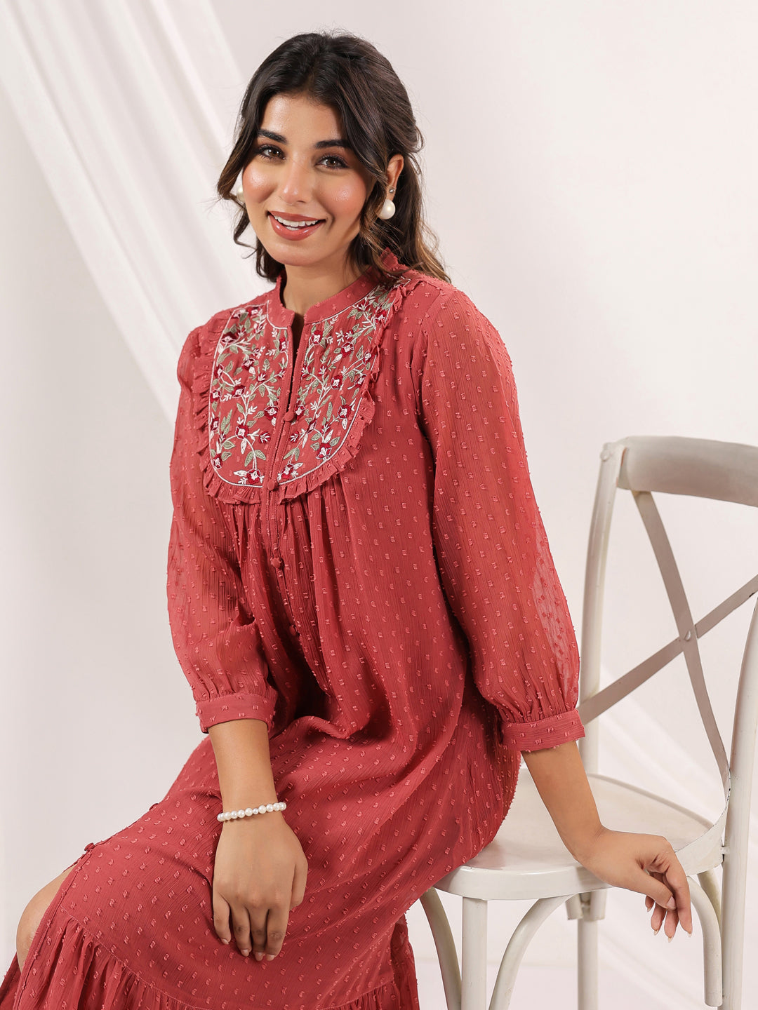 Janasya Dark Dobby Chiffon Embroidered Tiered Dress | Swadesiicart