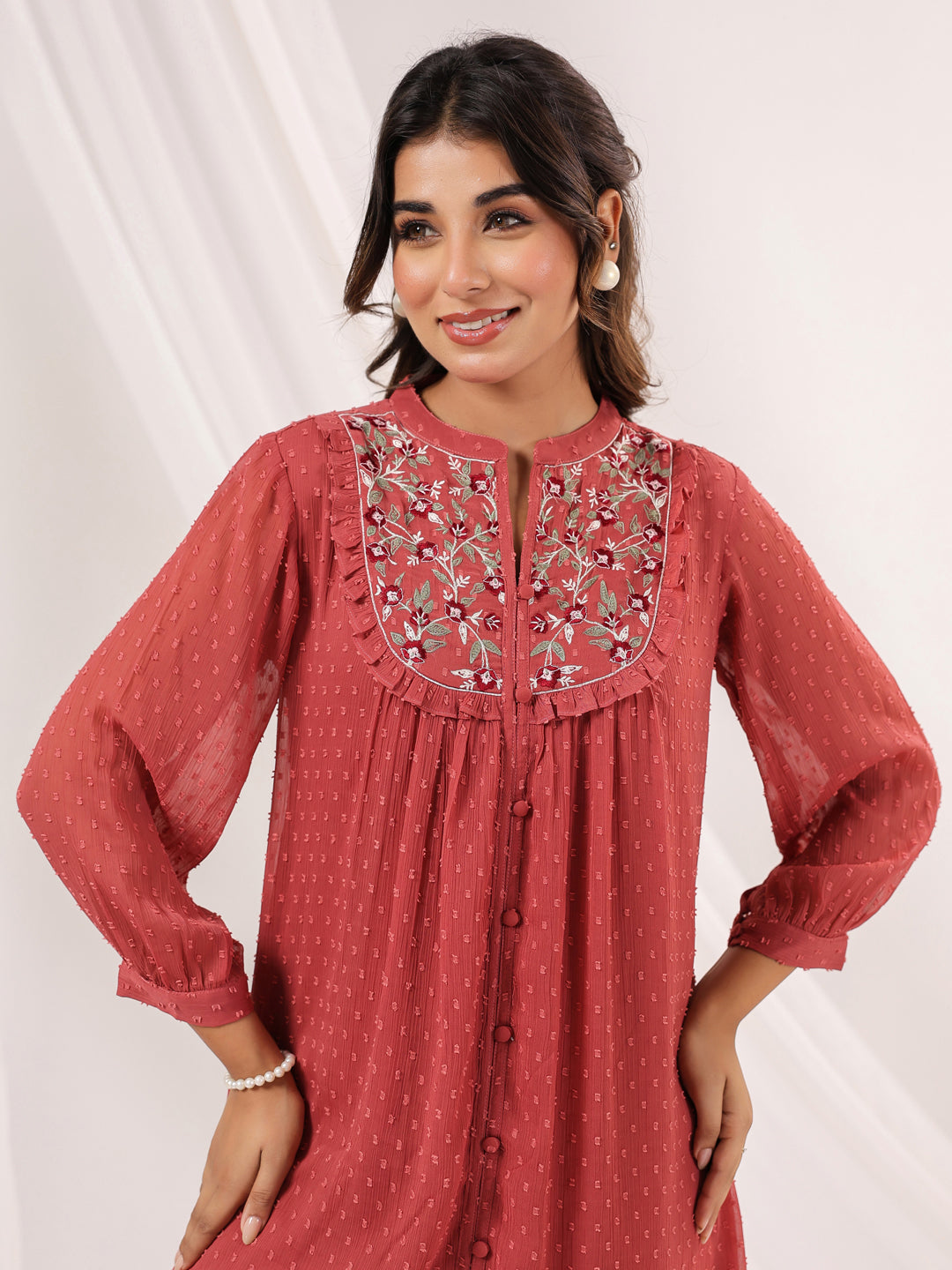 Janasya Dark Dobby Chiffon Embroidered Tiered Dress | Swadesiicart