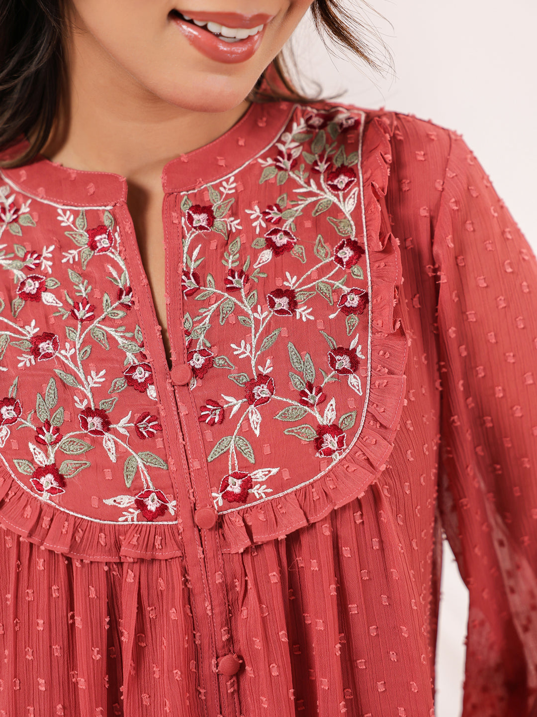 Janasya Dark Dobby Chiffon Embroidered Tiered Dress | Swadesiicart