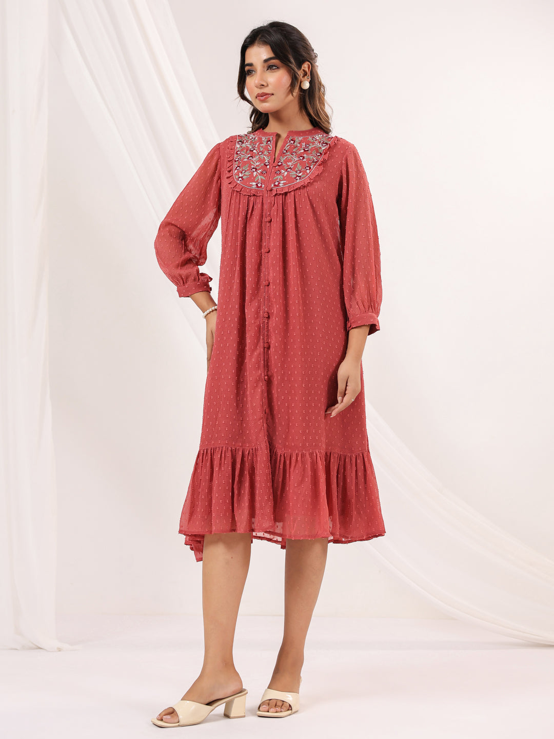 Janasya Dark Dobby Chiffon Embroidered Tiered Dress | Swadesiicart
