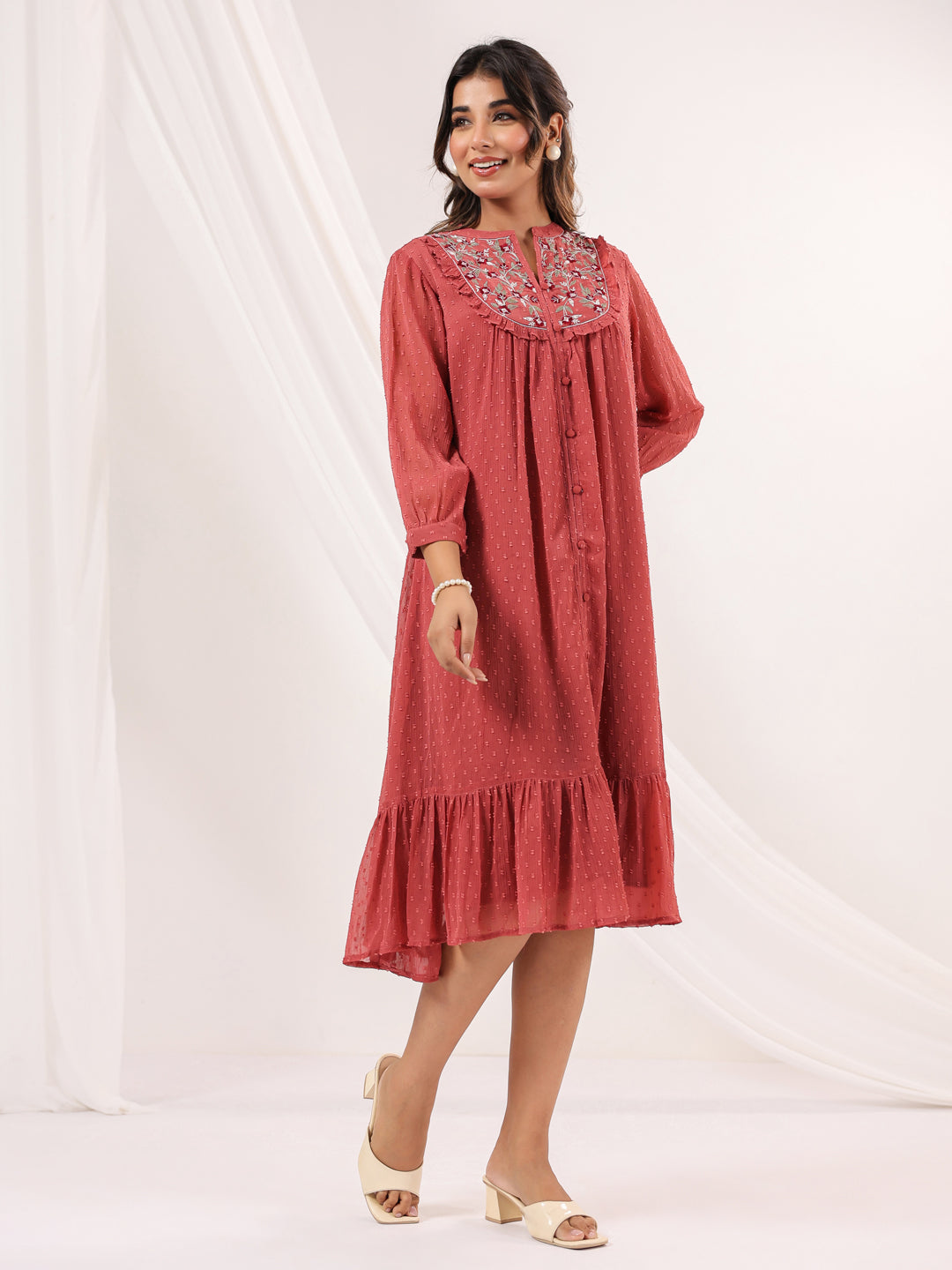 Janasya Dark Dobby Chiffon Embroidered Tiered Dress | Swadesiicart