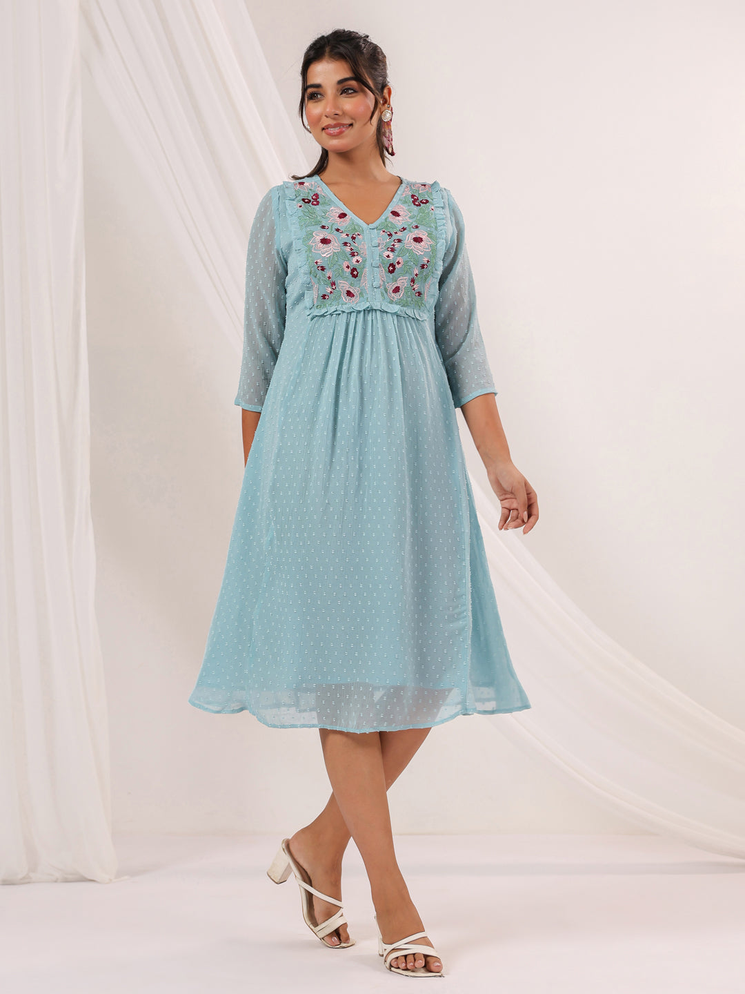 Janasya Light Dobby Chiffon Embroidered A-Line Dress | Swadesiicart