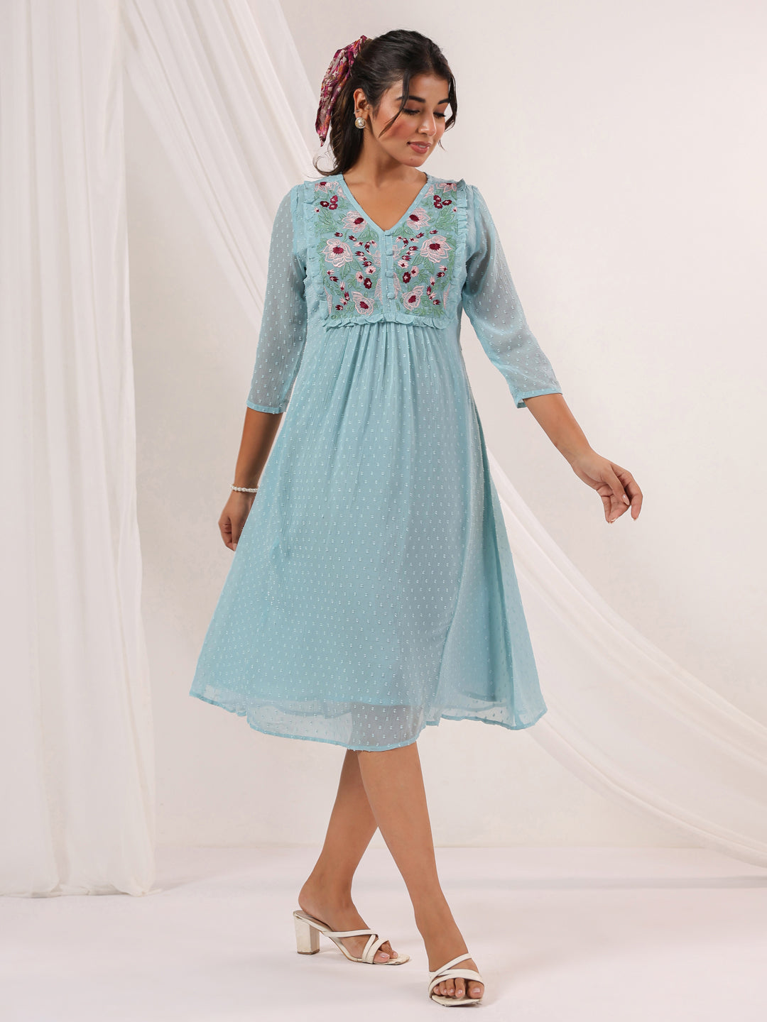 Janasya Light Dobby Chiffon Embroidered A-Line Dress | Swadesiicart