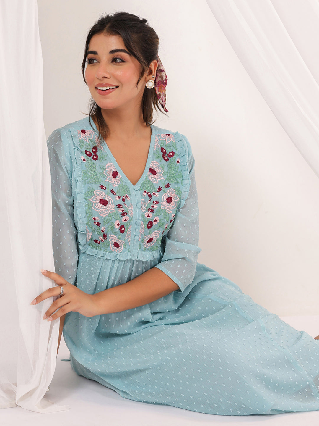 Janasya Light Dobby Chiffon Embroidered A-Line Dress | Swadesiicart
