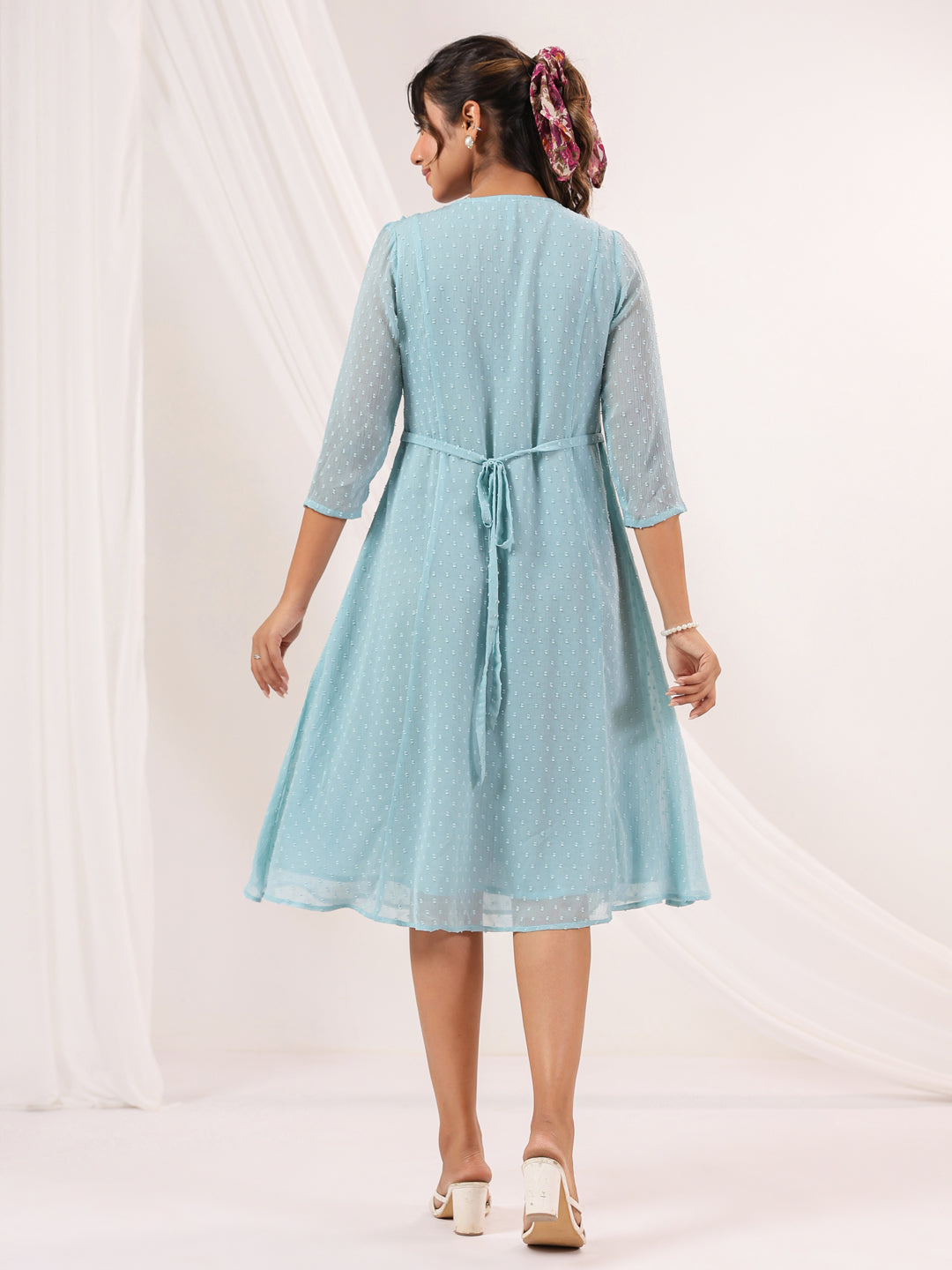 Janasya Light Dobby Chiffon Embroidered A-Line Dress | Swadesiicart