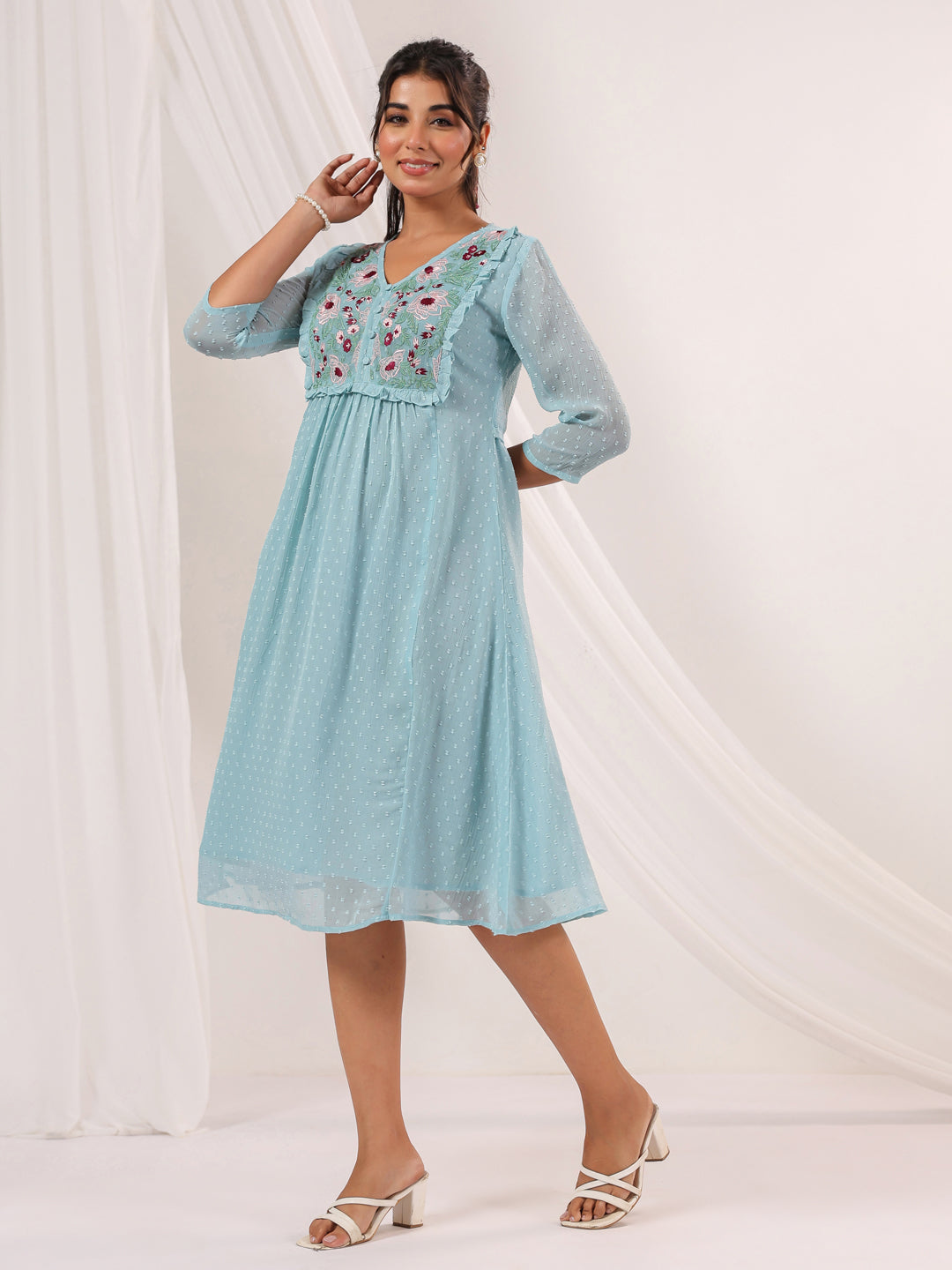 Janasya Light Dobby Chiffon Embroidered A-Line Dress | Swadesiicart