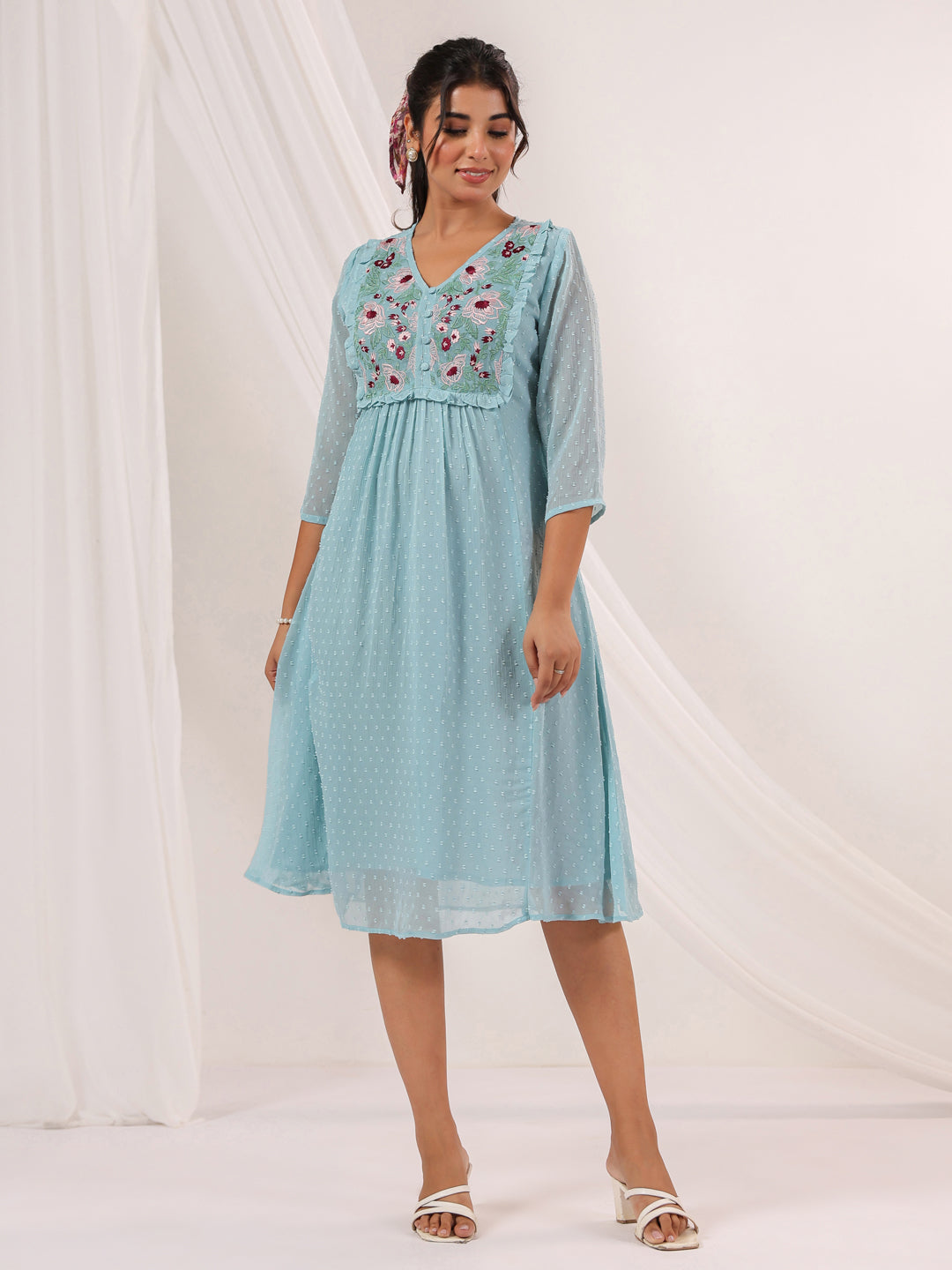 Janasya Light Dobby Chiffon Embroidered A-Line Dress | Swadesiicart
