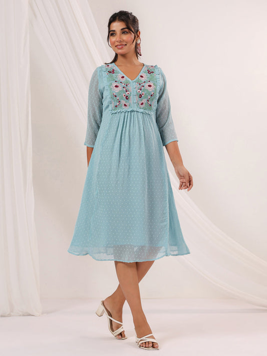 Janasya Light Dobby Chiffon Embroidered A-Line Dress | Swadesiicart