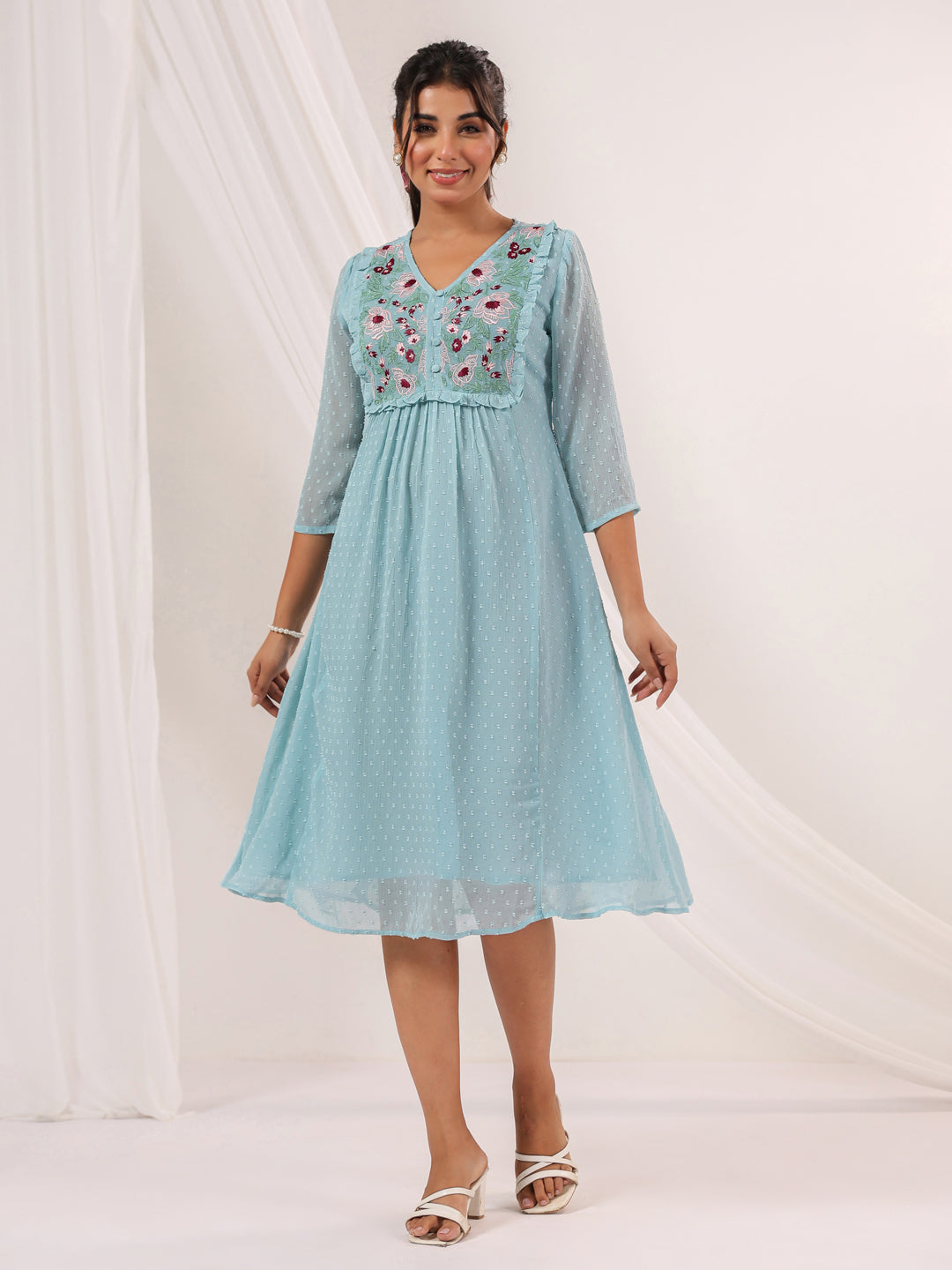 Janasya Light Dobby Chiffon Embroidered A-Line Dress | Swadesiicart