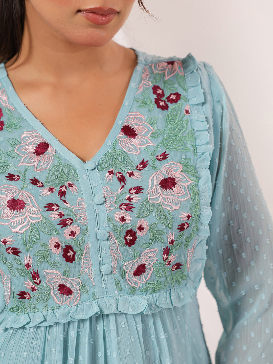 Janasya Light Dobby Chiffon Embroidered A-Line Dress | Swadesiicart