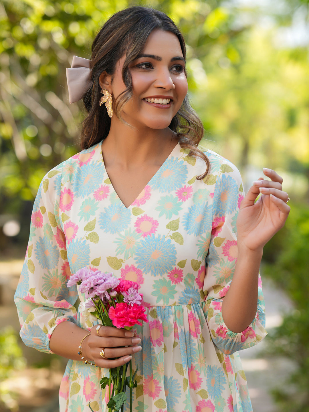 Janasya Bright Georgette Floral Tiered Dress | Swadesiicart