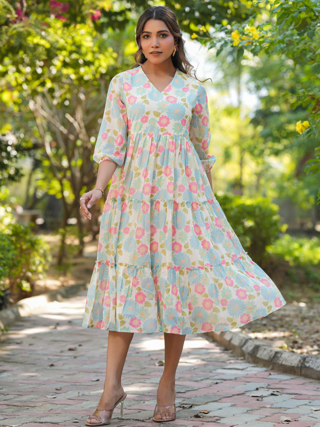 Janasya Bright Georgette Floral Tiered Dress | Swadesiicart