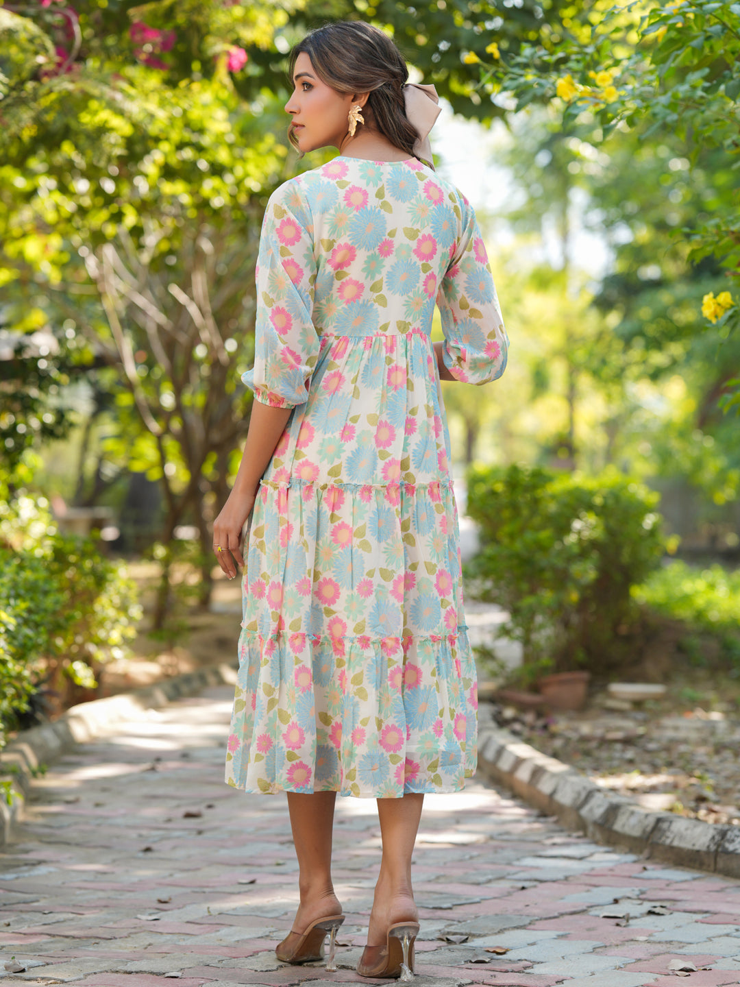 Janasya Bright Georgette Floral Tiered Dress | Swadesiicart