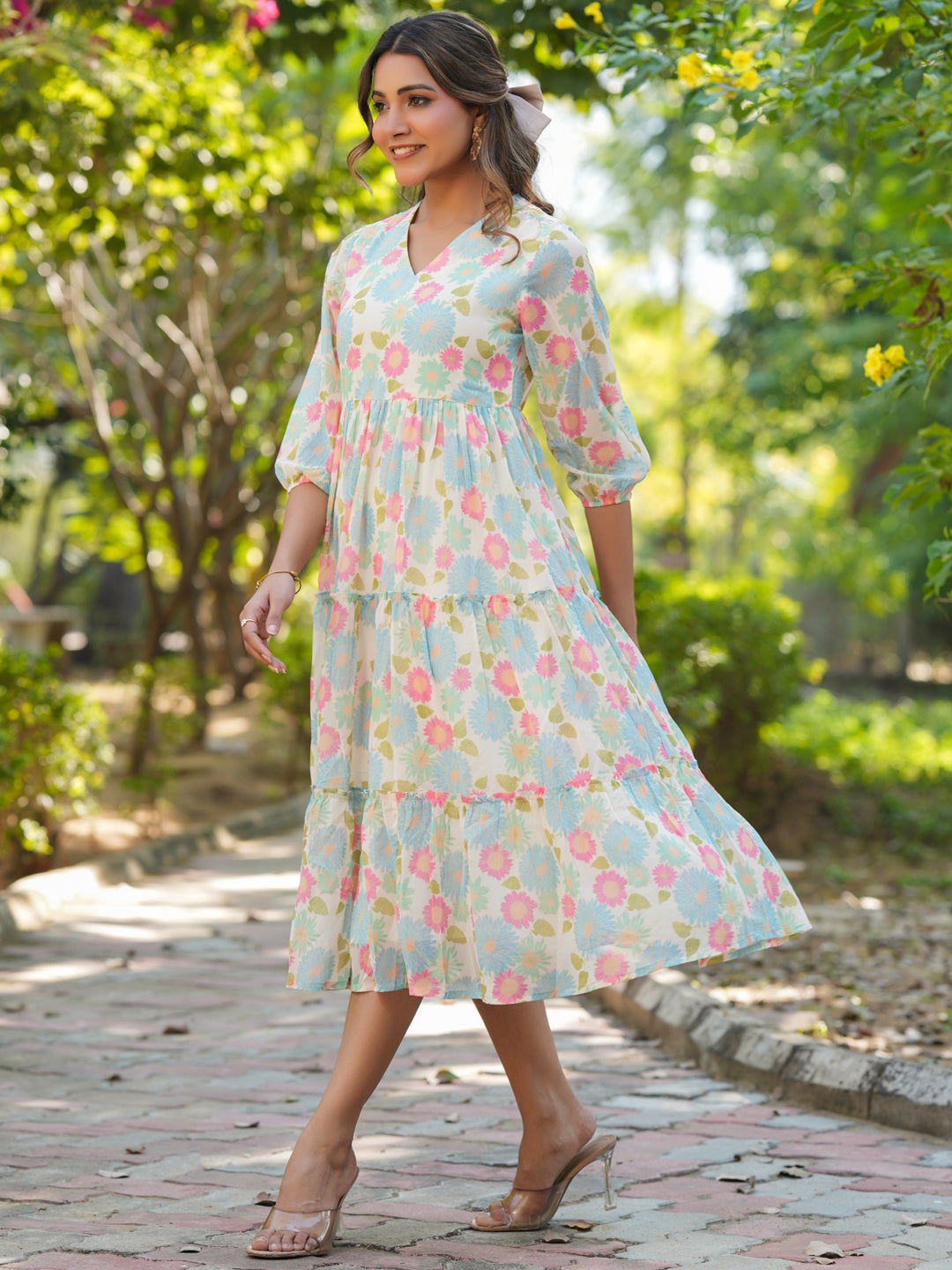 Janasya Bright Georgette Floral Tiered Dress | Swadesiicart