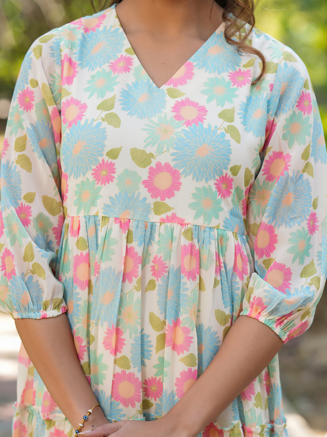 Janasya Bright Georgette Floral Tiered Dress | Swadesiicart