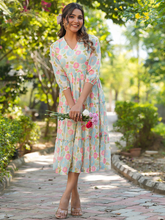 Janasya Bright Georgette Floral Tiered Dress | Swadesiicart