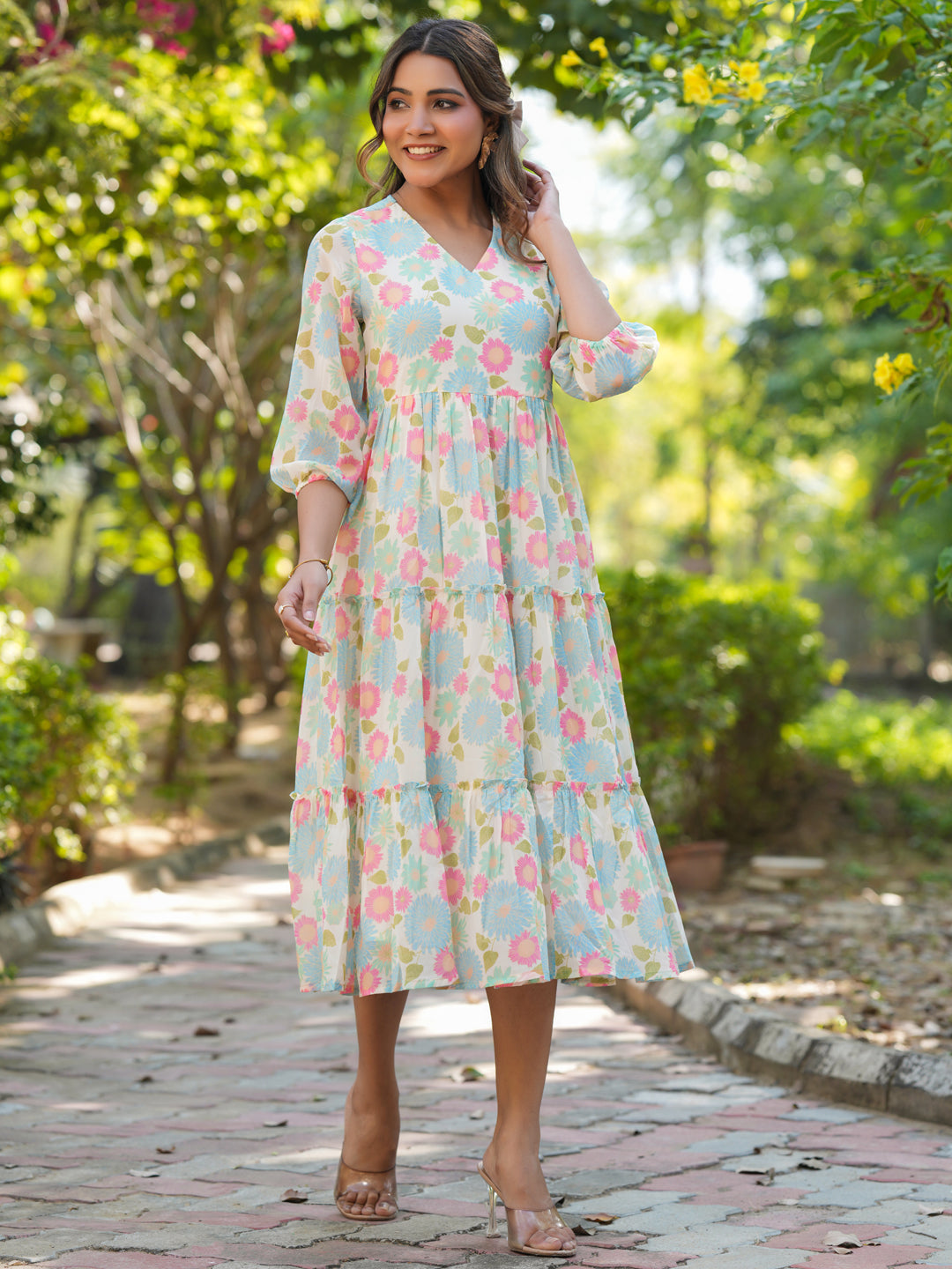 Janasya Bright Georgette Floral Tiered Dress | Swadesiicart