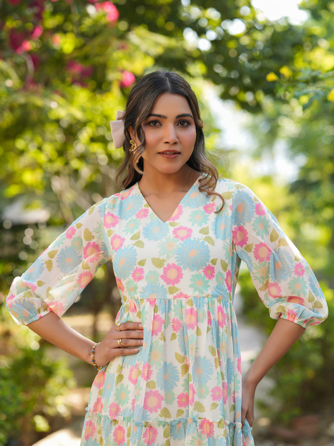 Janasya Bright Georgette Floral Tiered Dress | Swadesiicart