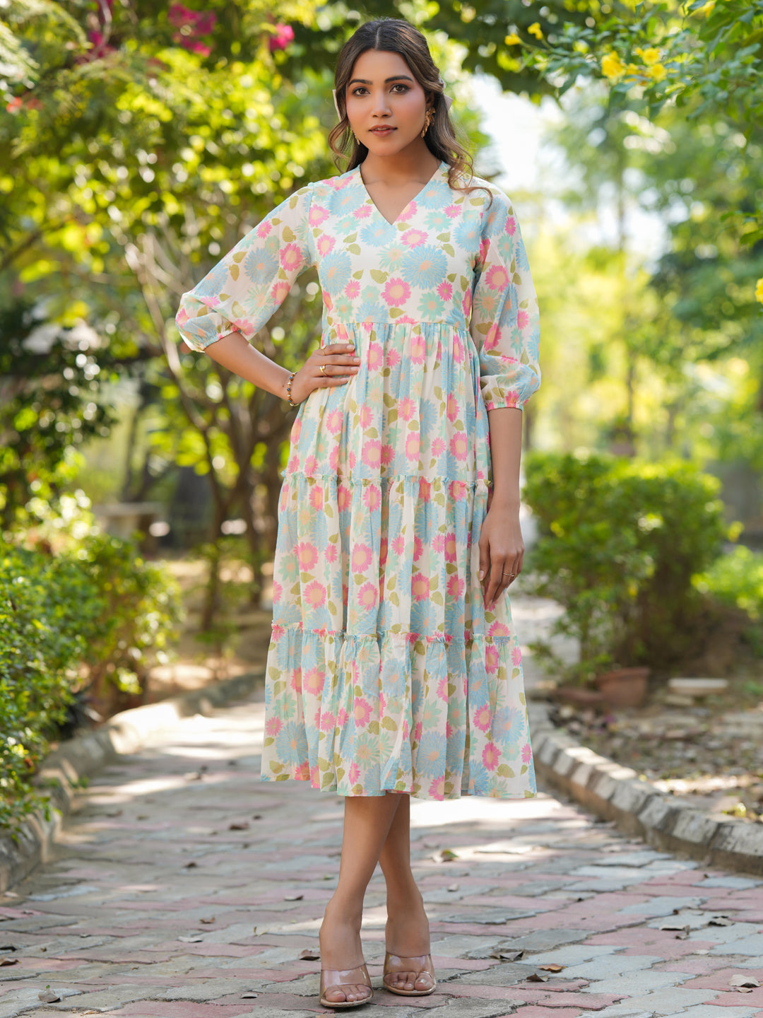 Janasya Bright Georgette Floral Tiered Dress | Swadesiicart