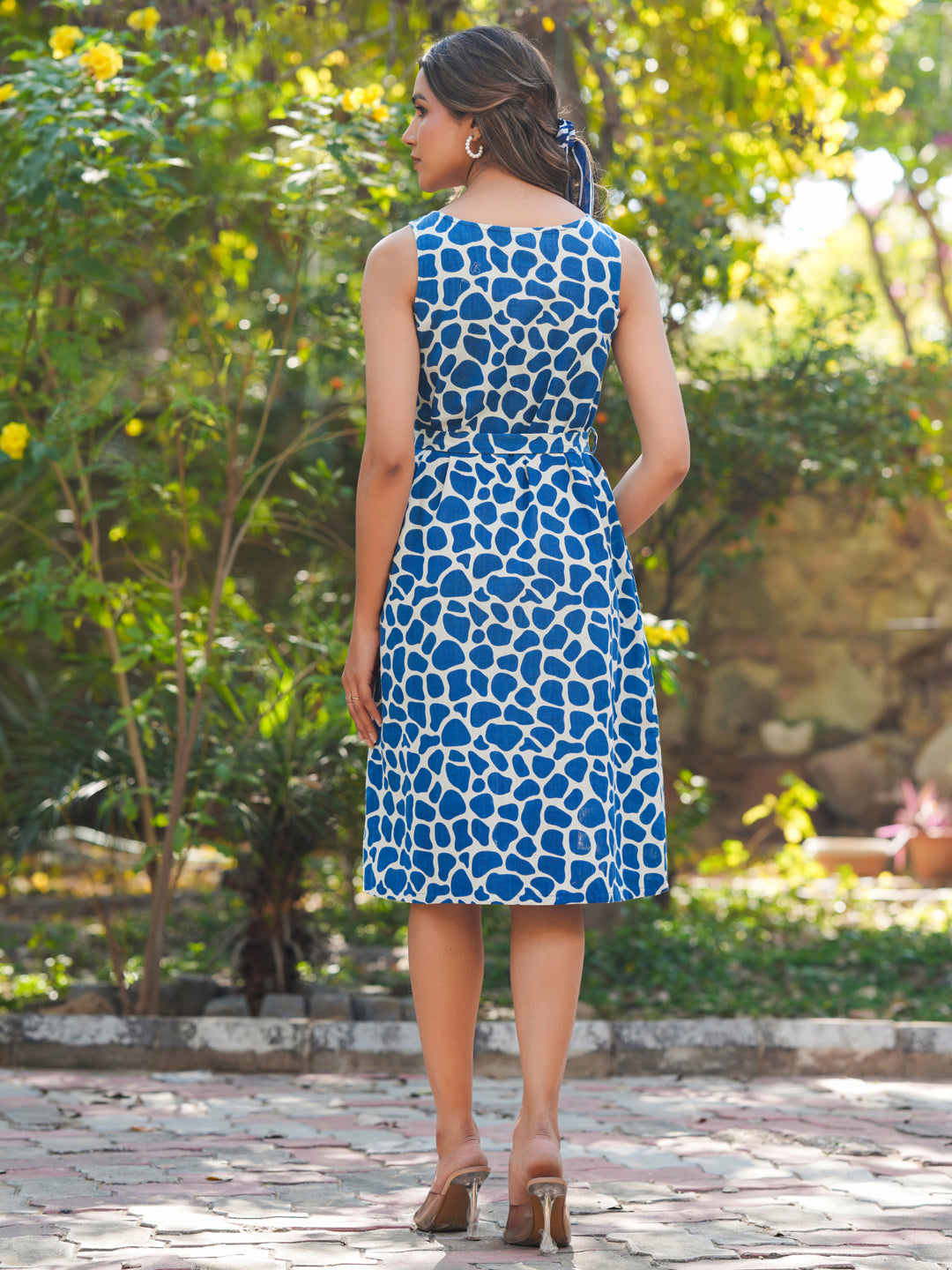 Janasya Dark Cotton Abstract A-Line Dress | Swadesiicart
