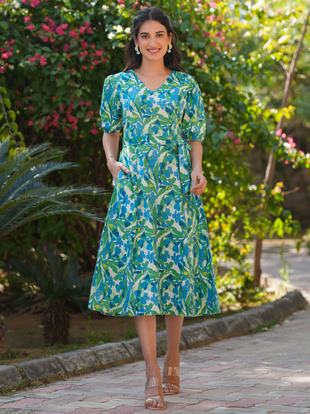 Janasya Bright Cotton Floral Fit & Flare Dress | Swadesiicart